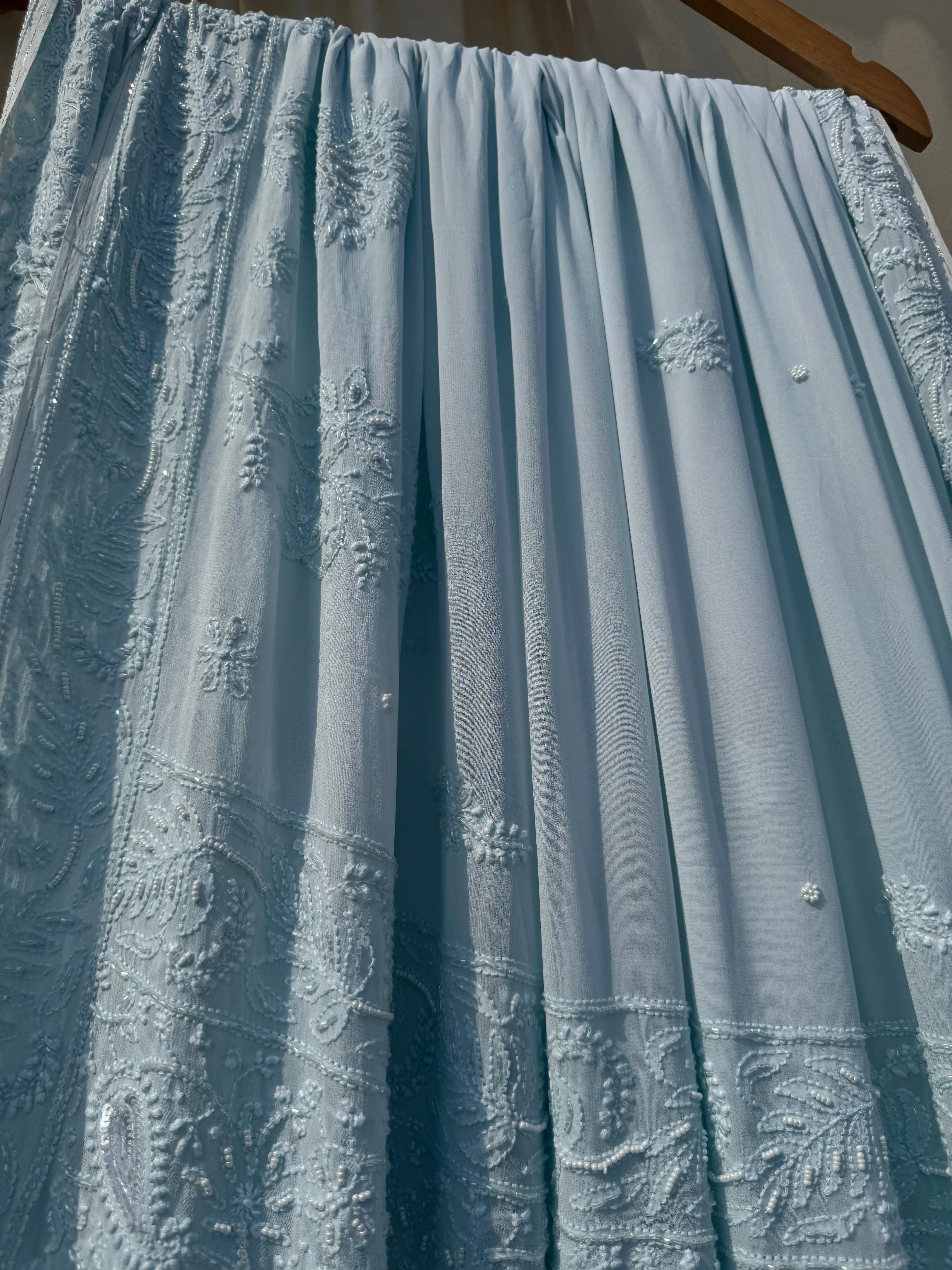 Viscose Baby Blue Chikankari saree with Pearl embellishments ARIAA CHIKANKARI 