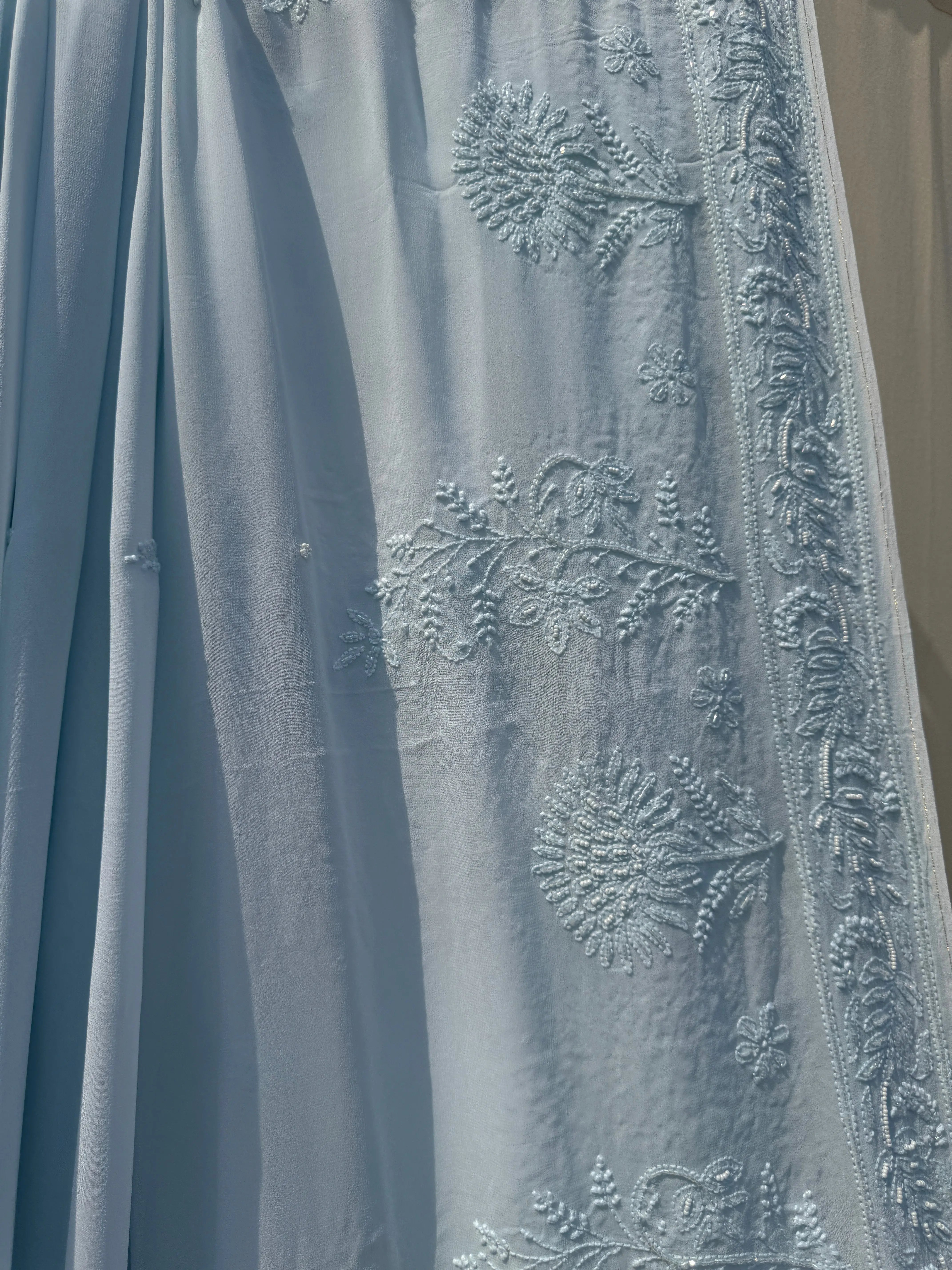 Viscose Baby Blue Chikankari saree with Pearl embellishments ARIAA CHIKANKARI 