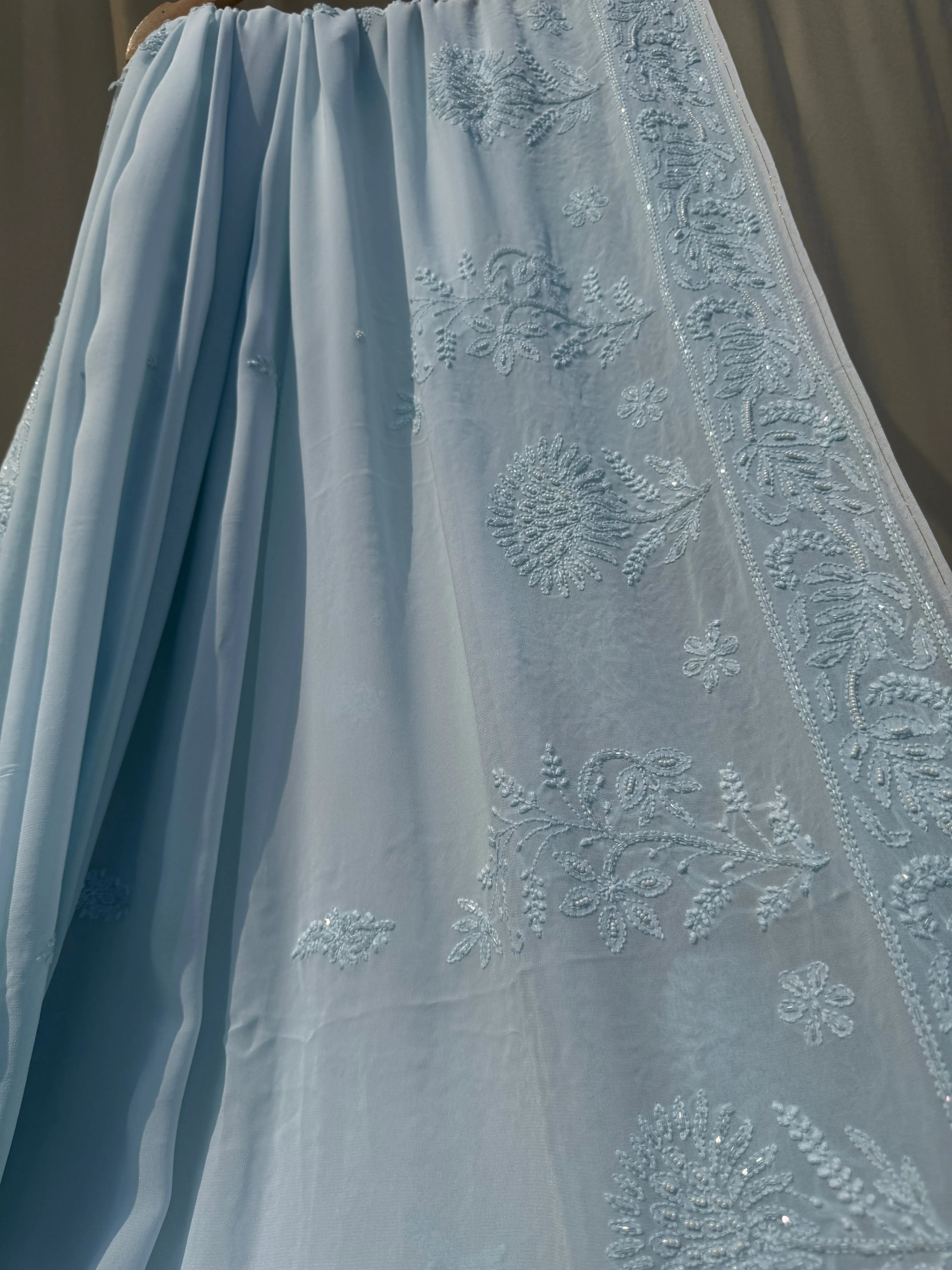 Viscose Baby Blue Chikankari saree with Pearl embellishments ARIAA CHIKANKARI 
