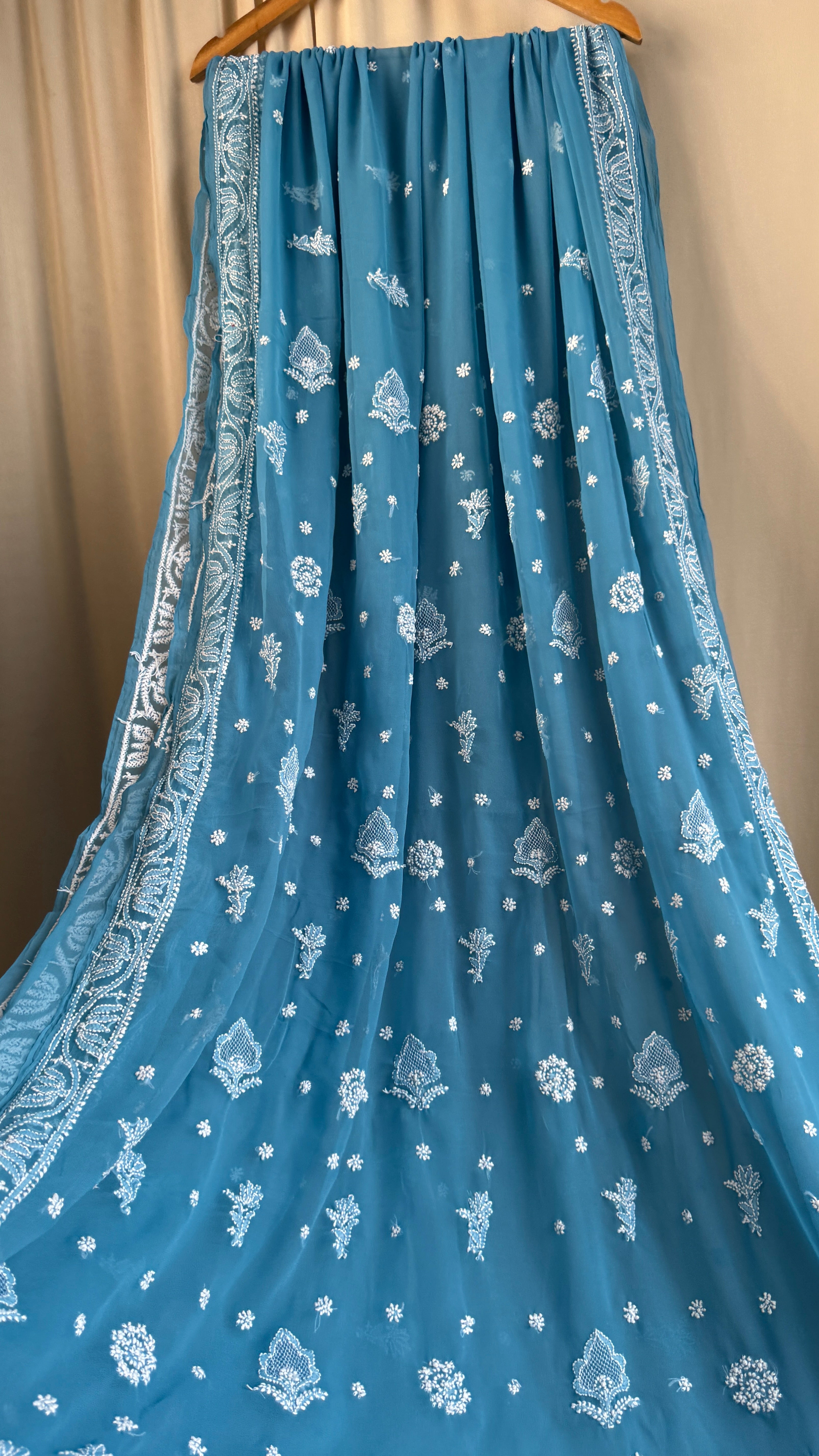 Georgette Chikankari saree in Ocean Blue