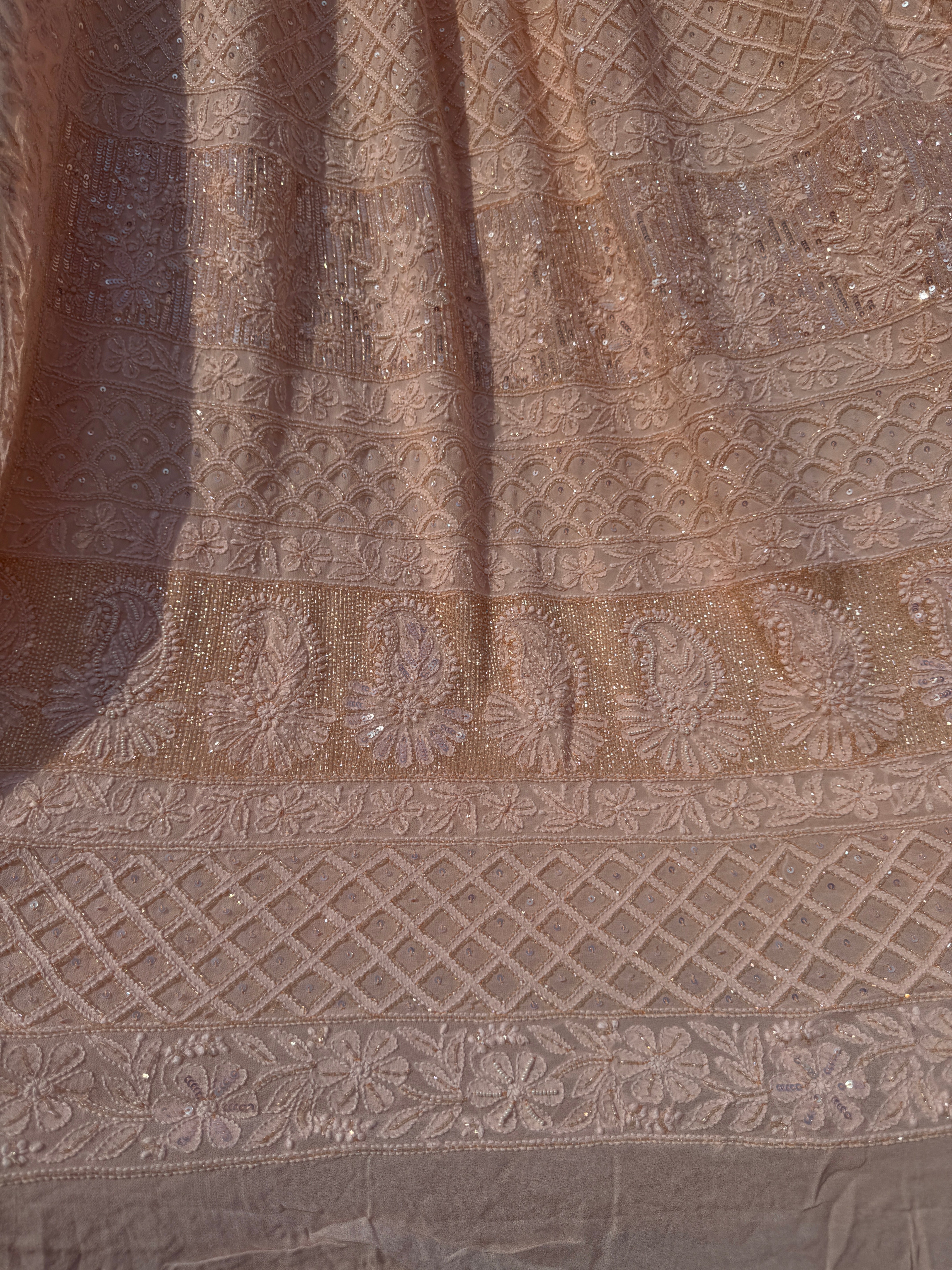 Viscose Peach Chikankari saree with Pearl embellishments