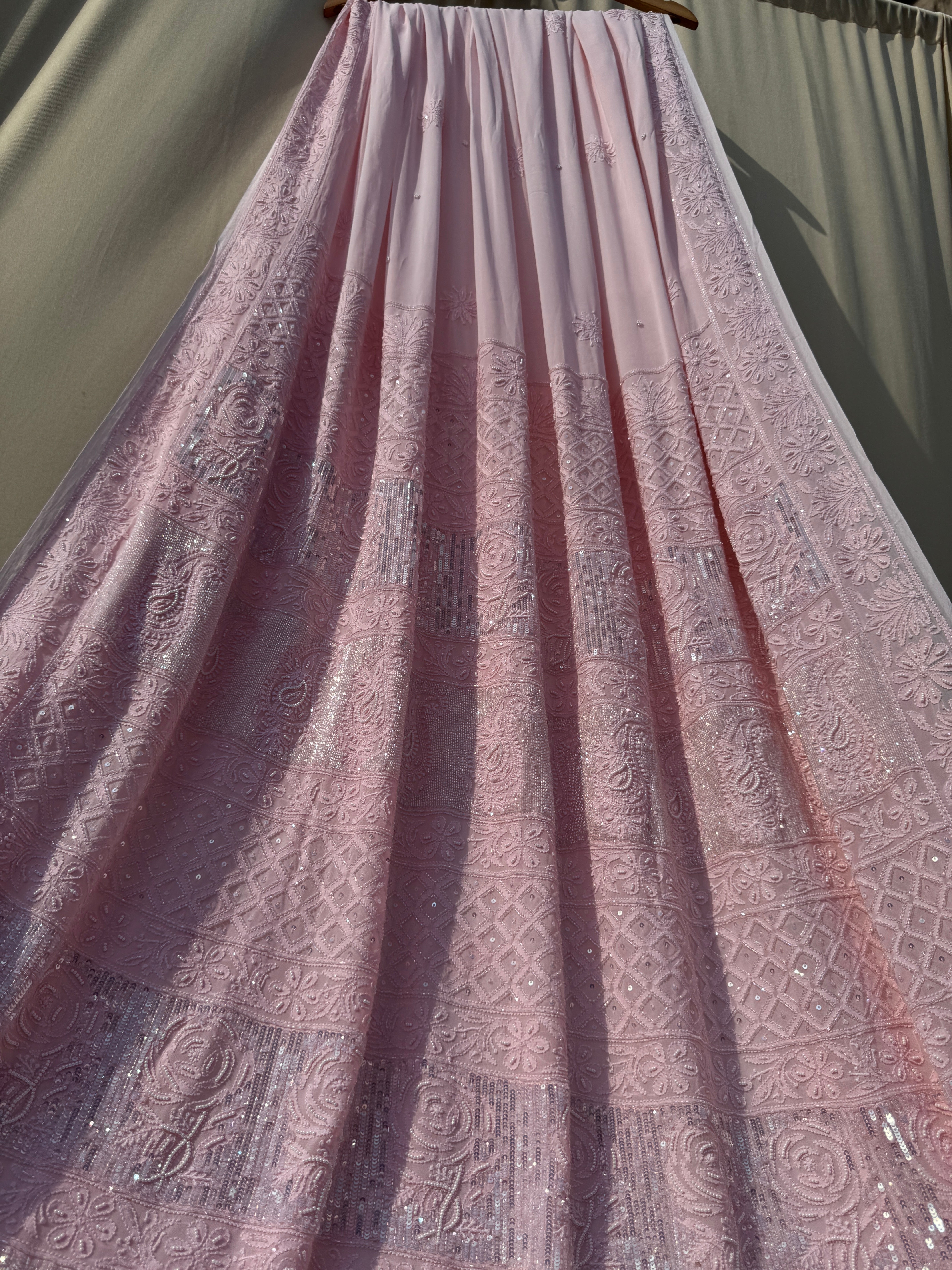 Viscose Pink Chikankari saree with Pearl embellishments