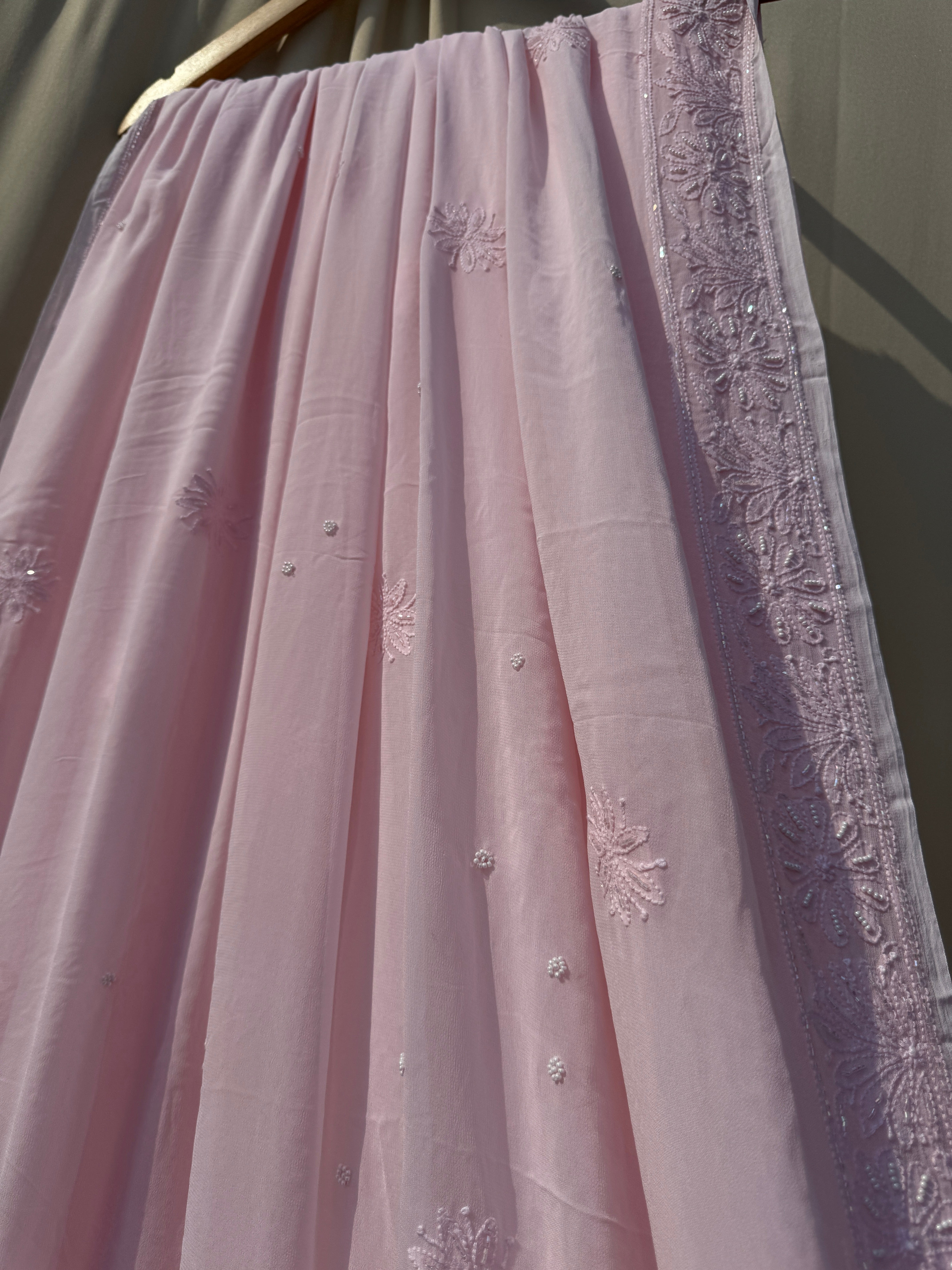 Viscose Pink Chikankari saree with Pearl embellishments