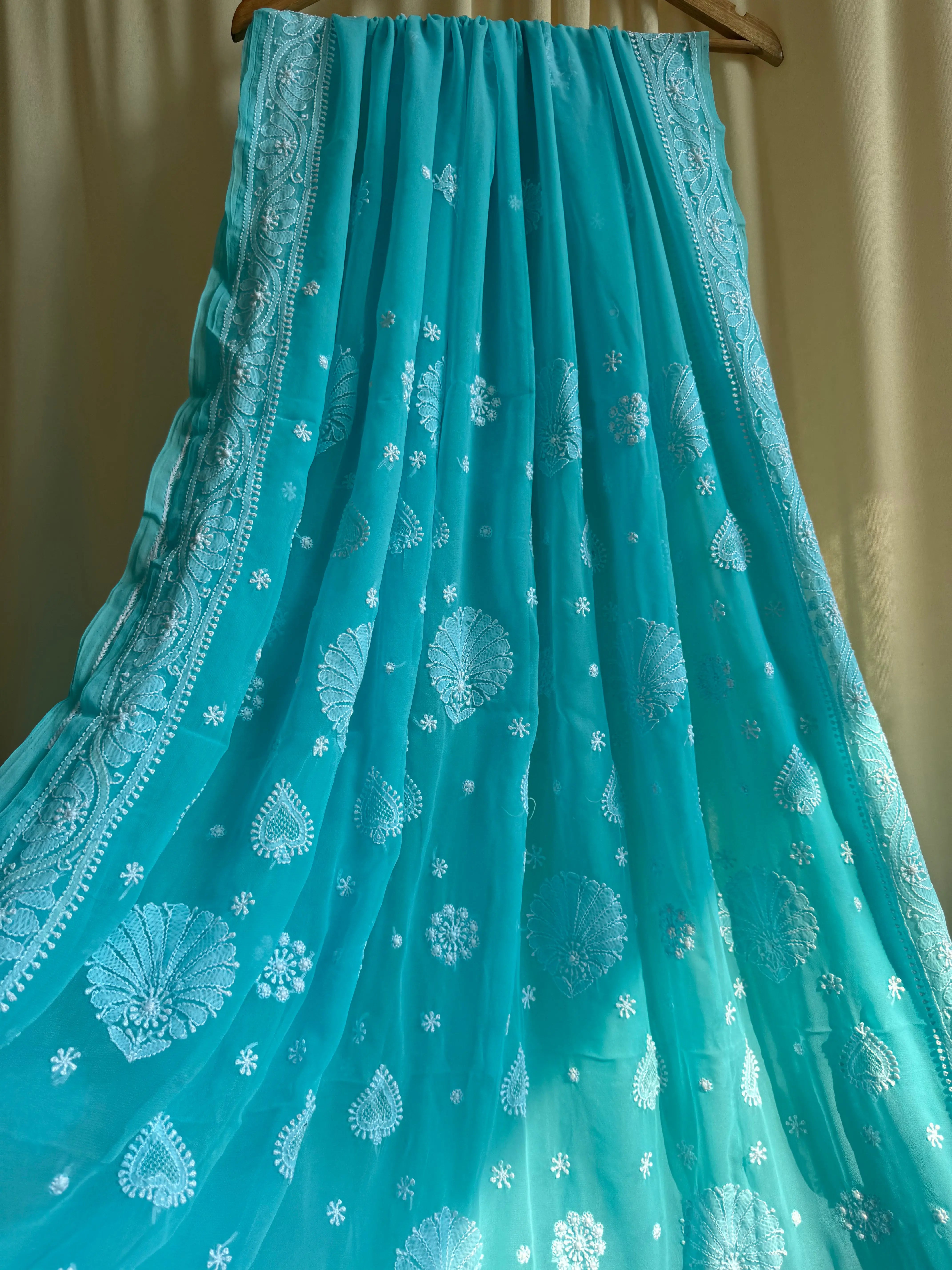 Georgette Chikankari saree in Sea Green ARIAA CHIKANKARI 