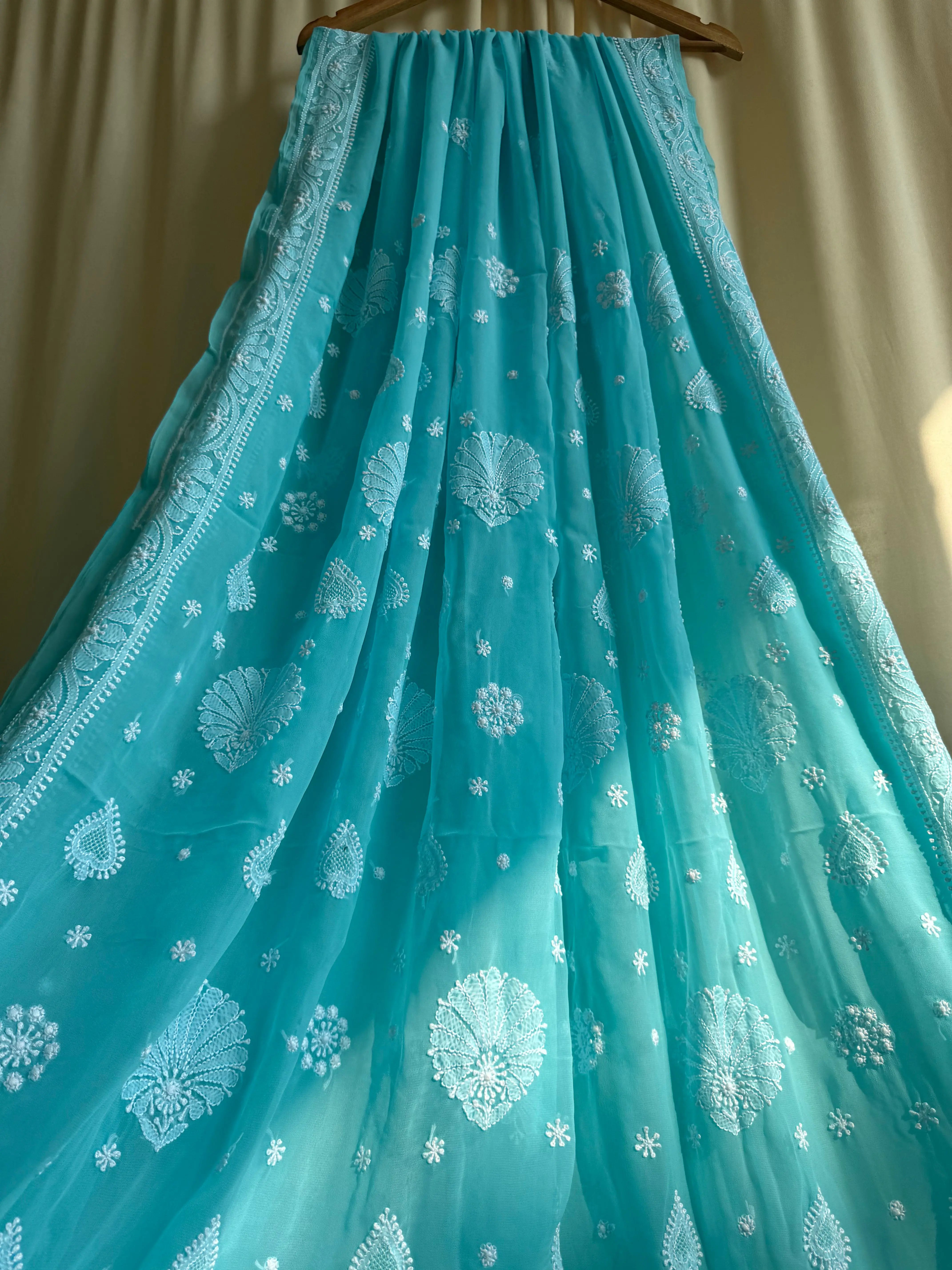 Georgette Chikankari saree in Sea Green ARIAA CHIKANKARI 