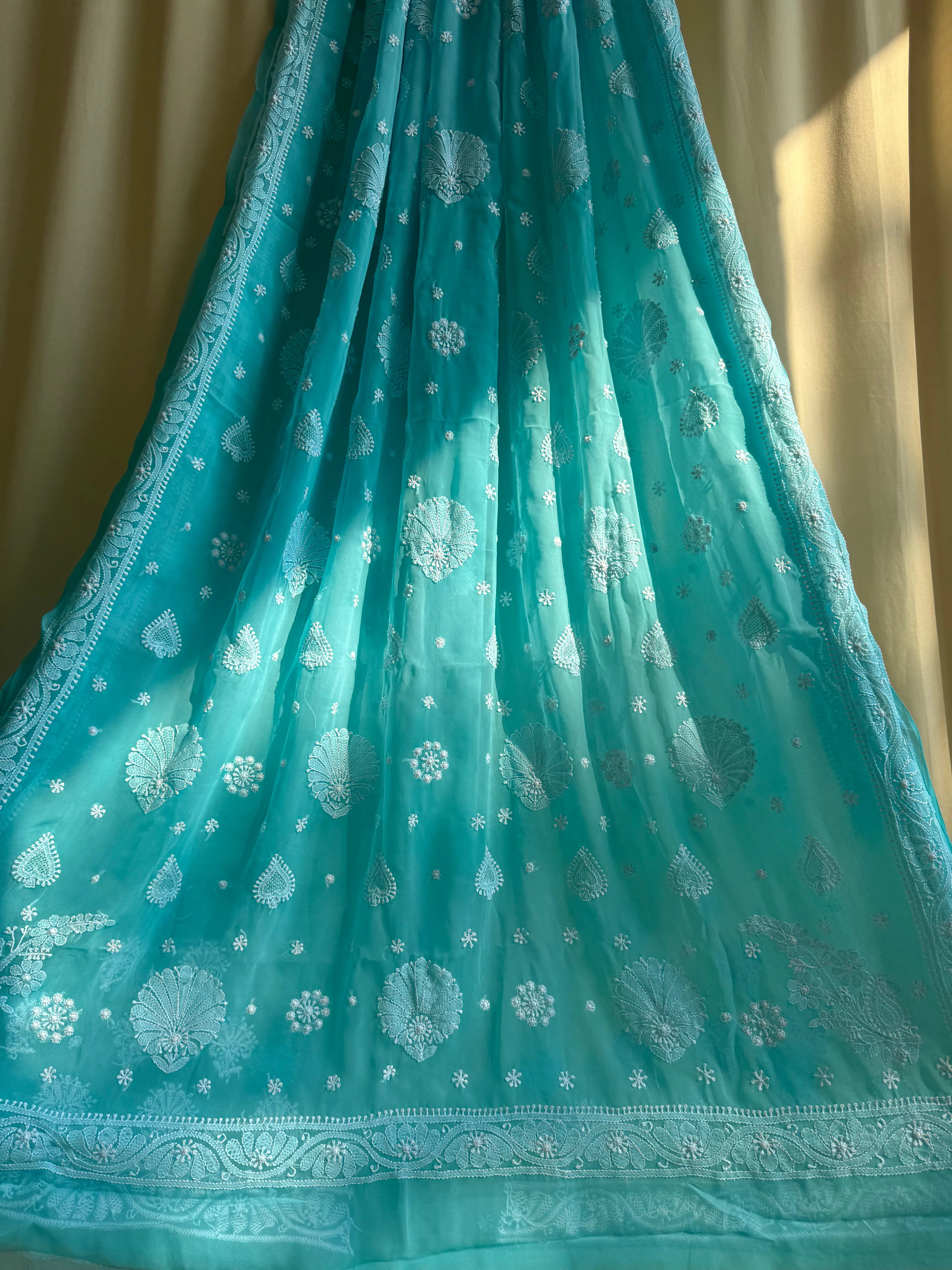 Georgette Chikankari saree in Sea Green ARIAA CHIKANKARI 