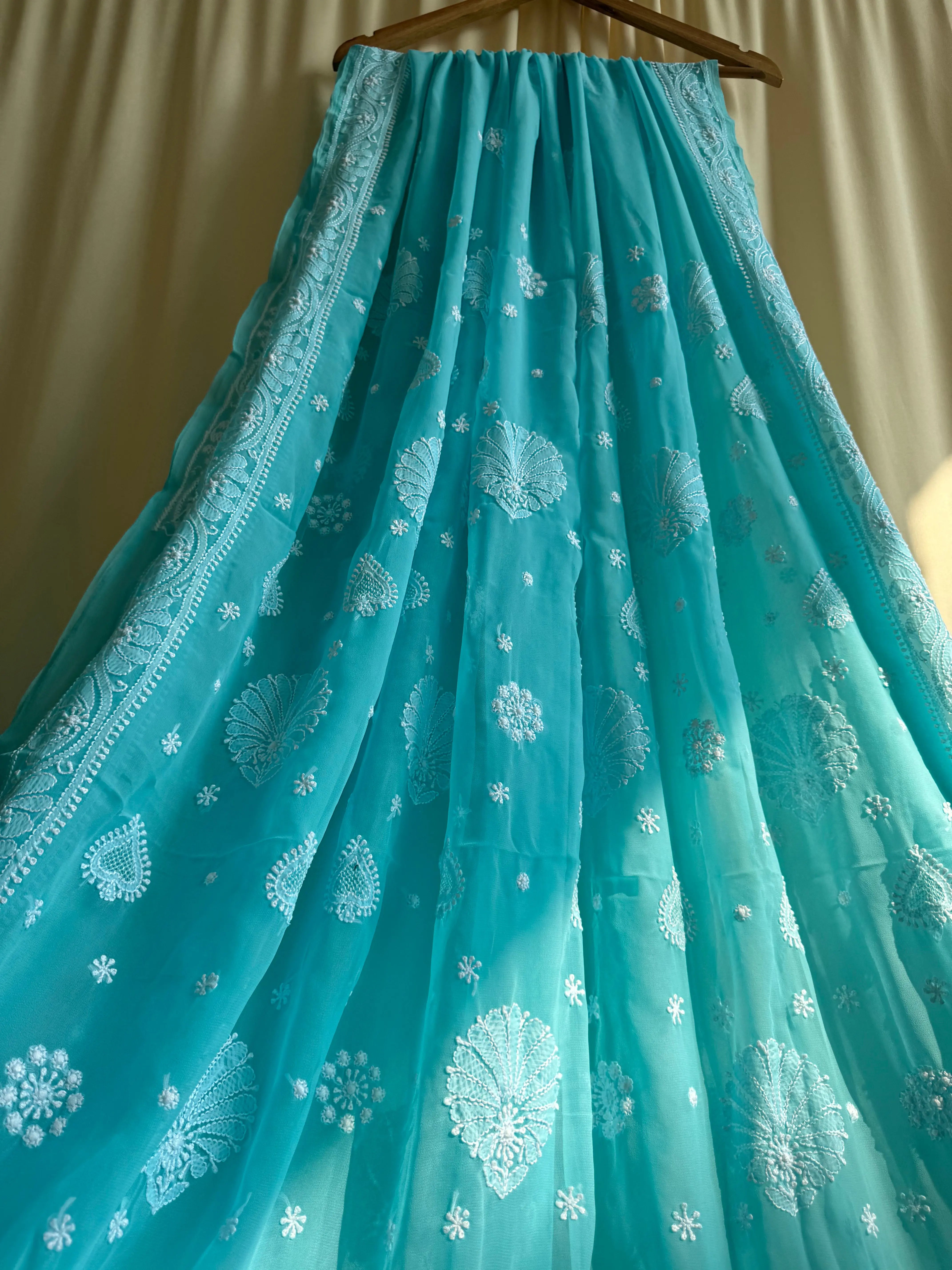 Georgette Chikankari saree in Sea Green ARIAA CHIKANKARI 