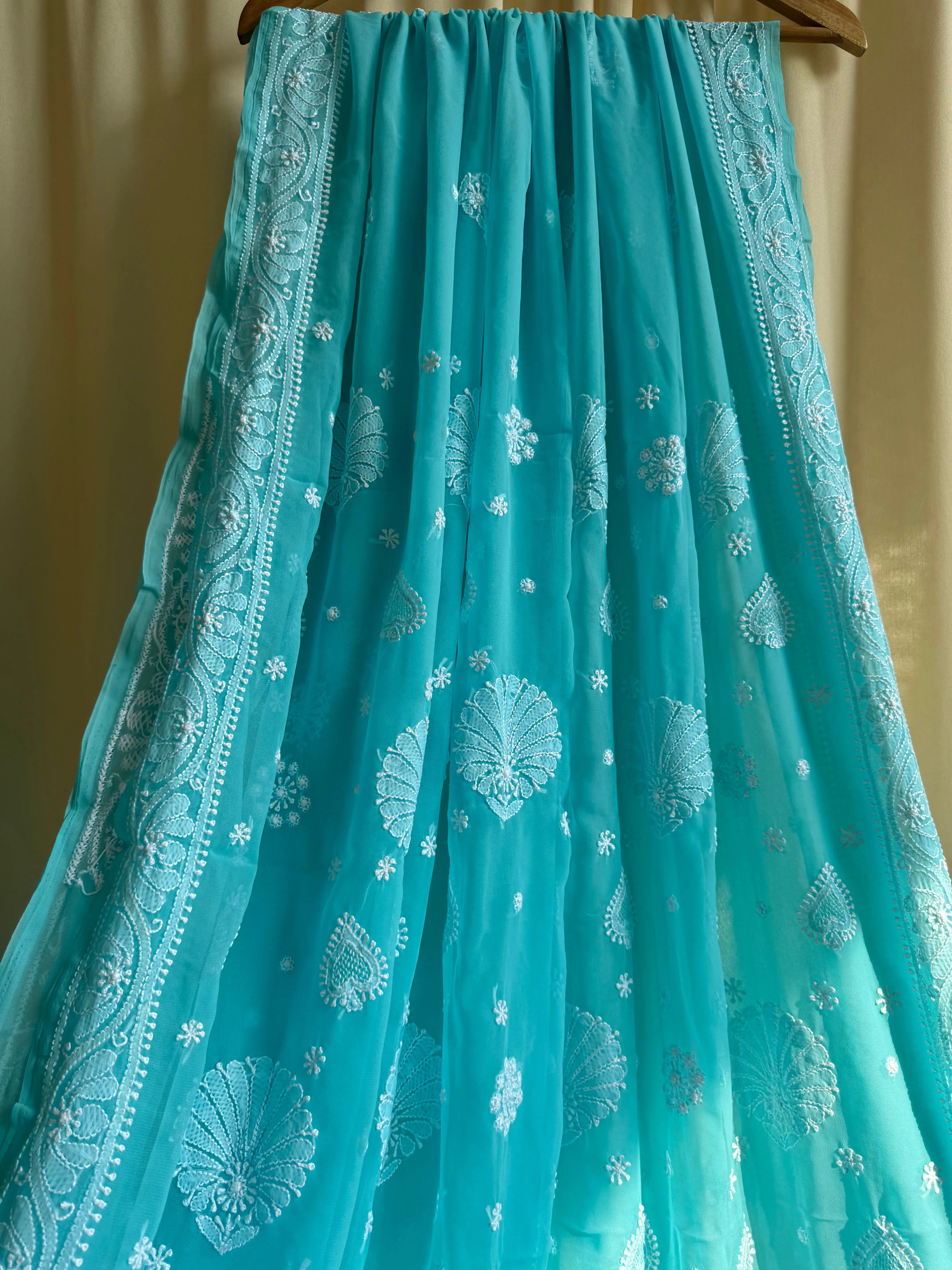 Georgette Chikankari saree in Sea Green ARIAA CHIKANKARI 