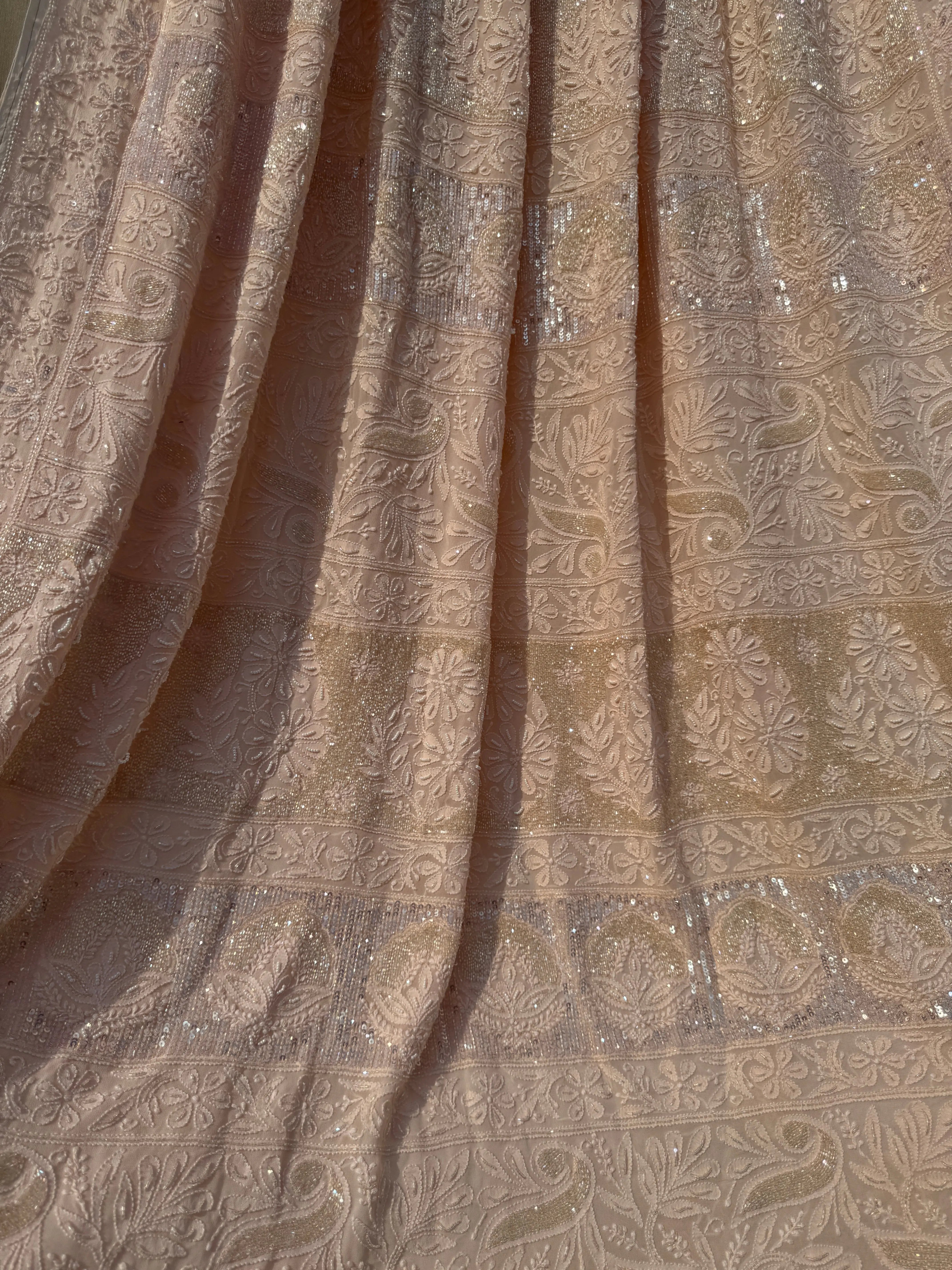 Viscose Peach Chikankari saree with Pearl embellishments ARIAA CHIKANKARI 