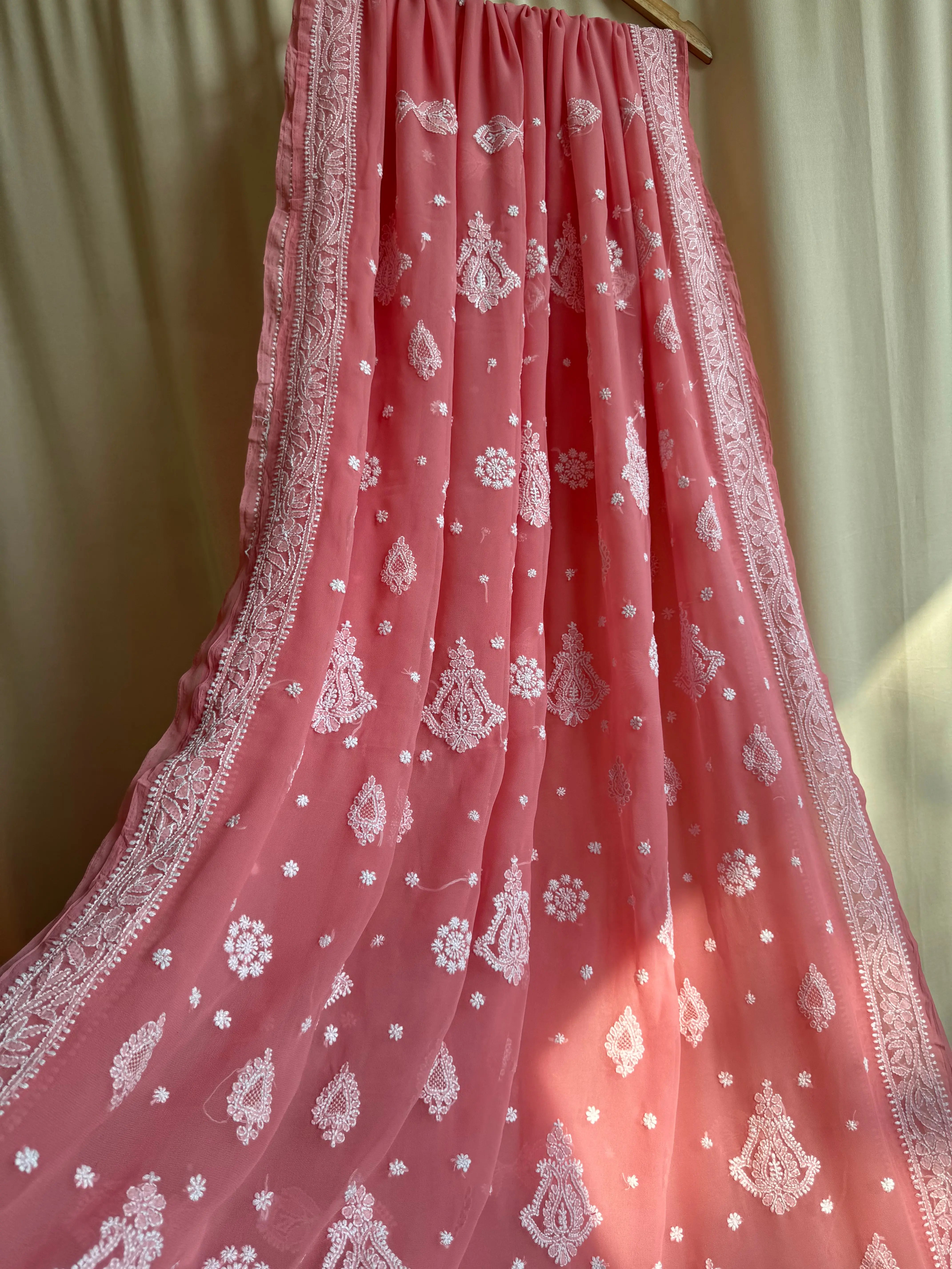 Georgette Chikankari saree in Carrot Pink ARIAA CHIKANKARI 