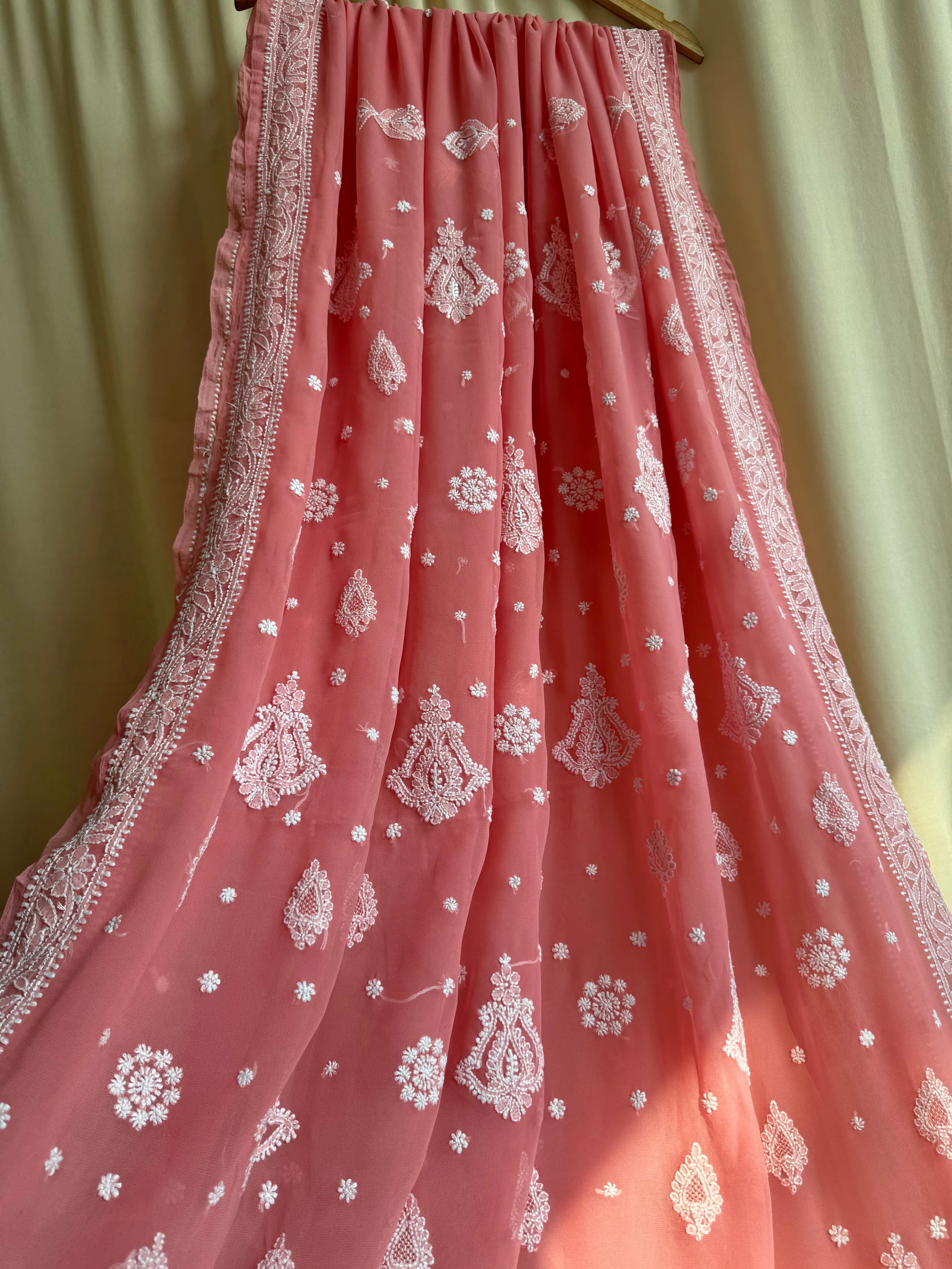 Georgette Chikankari saree in Carrot Pink ARIAA CHIKANKARI 