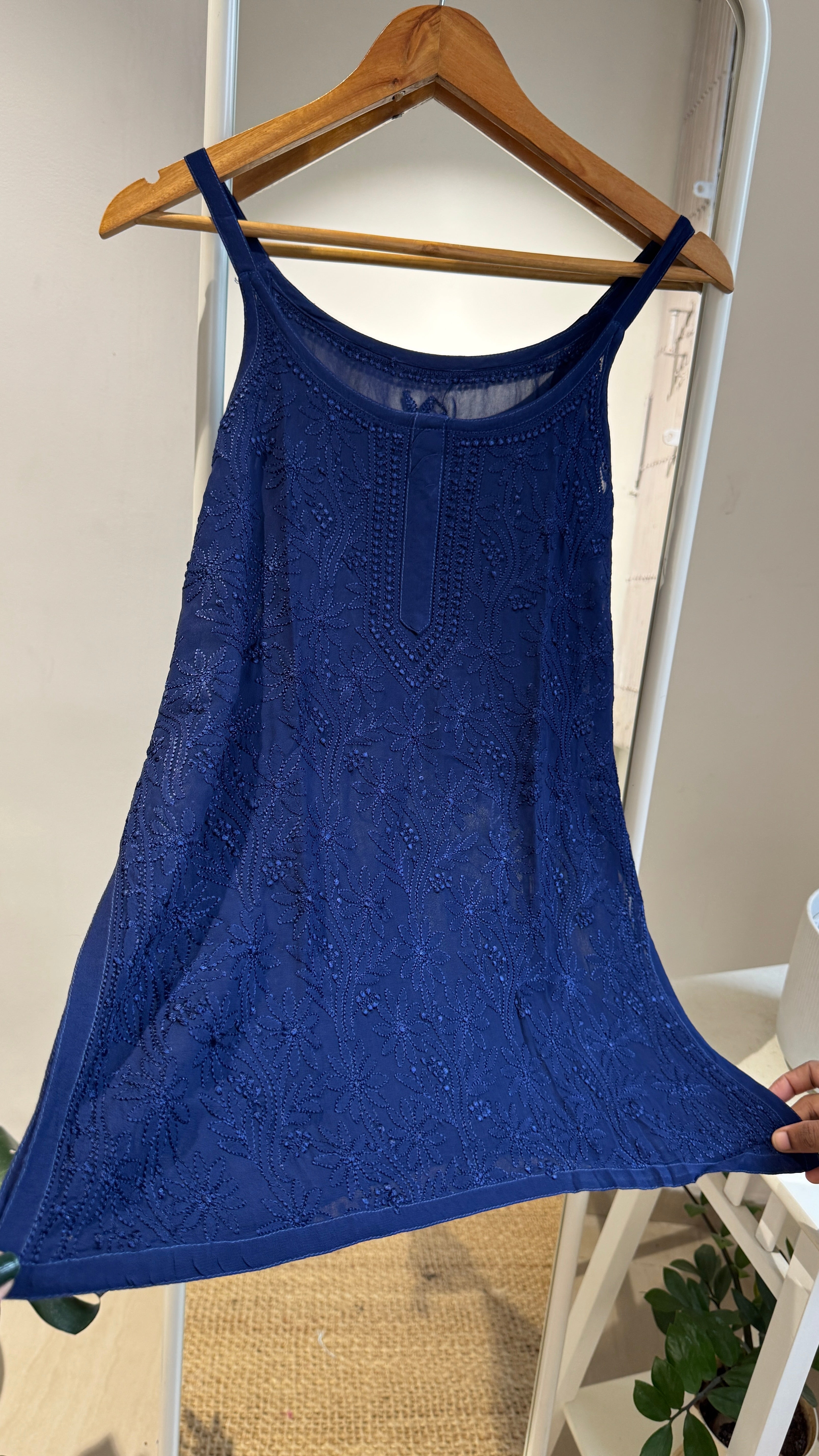 Chikankari Noodle Strap Top in Navy Blue