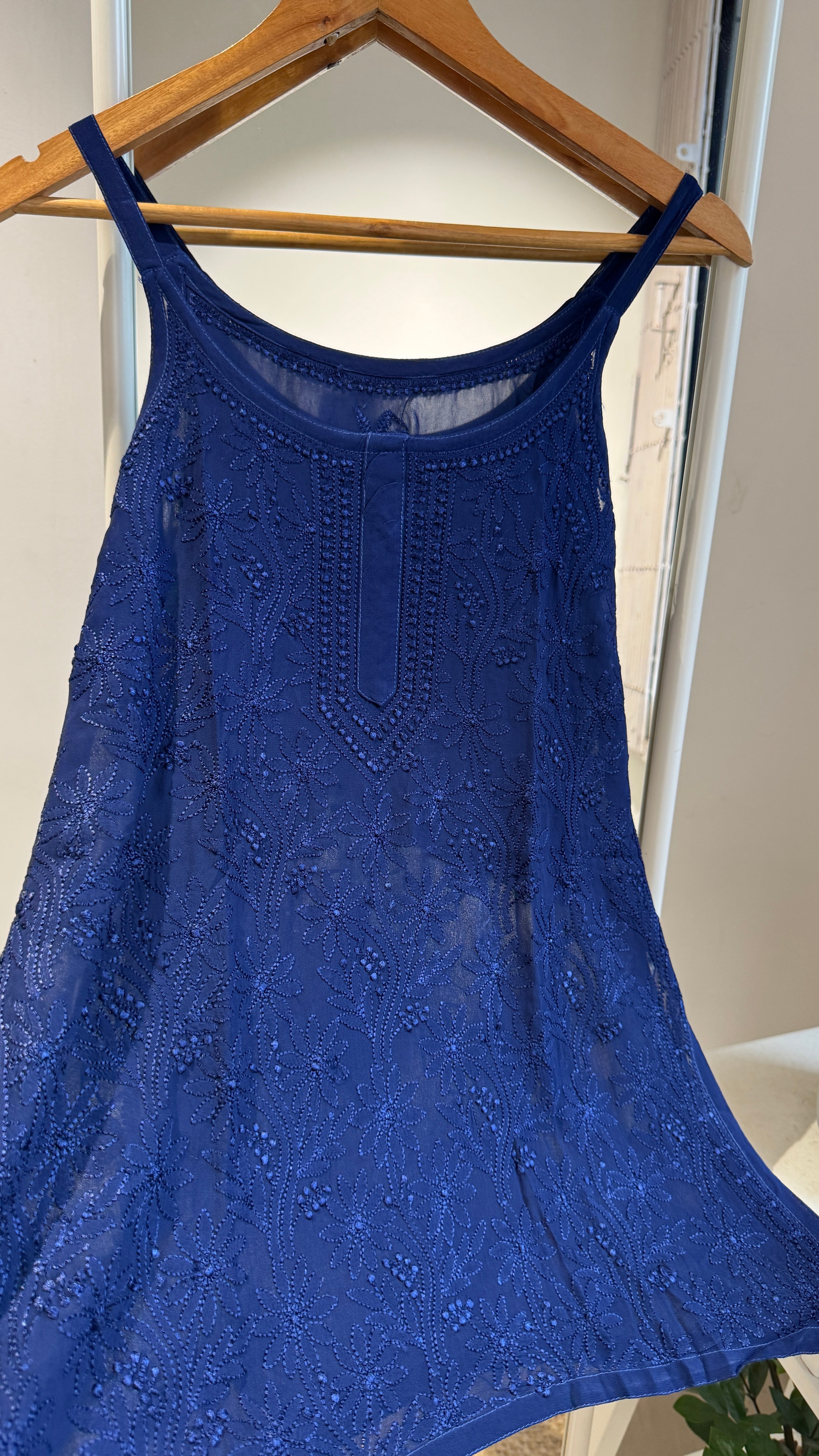Chikankari Noodle Strap Top in Navy Blue