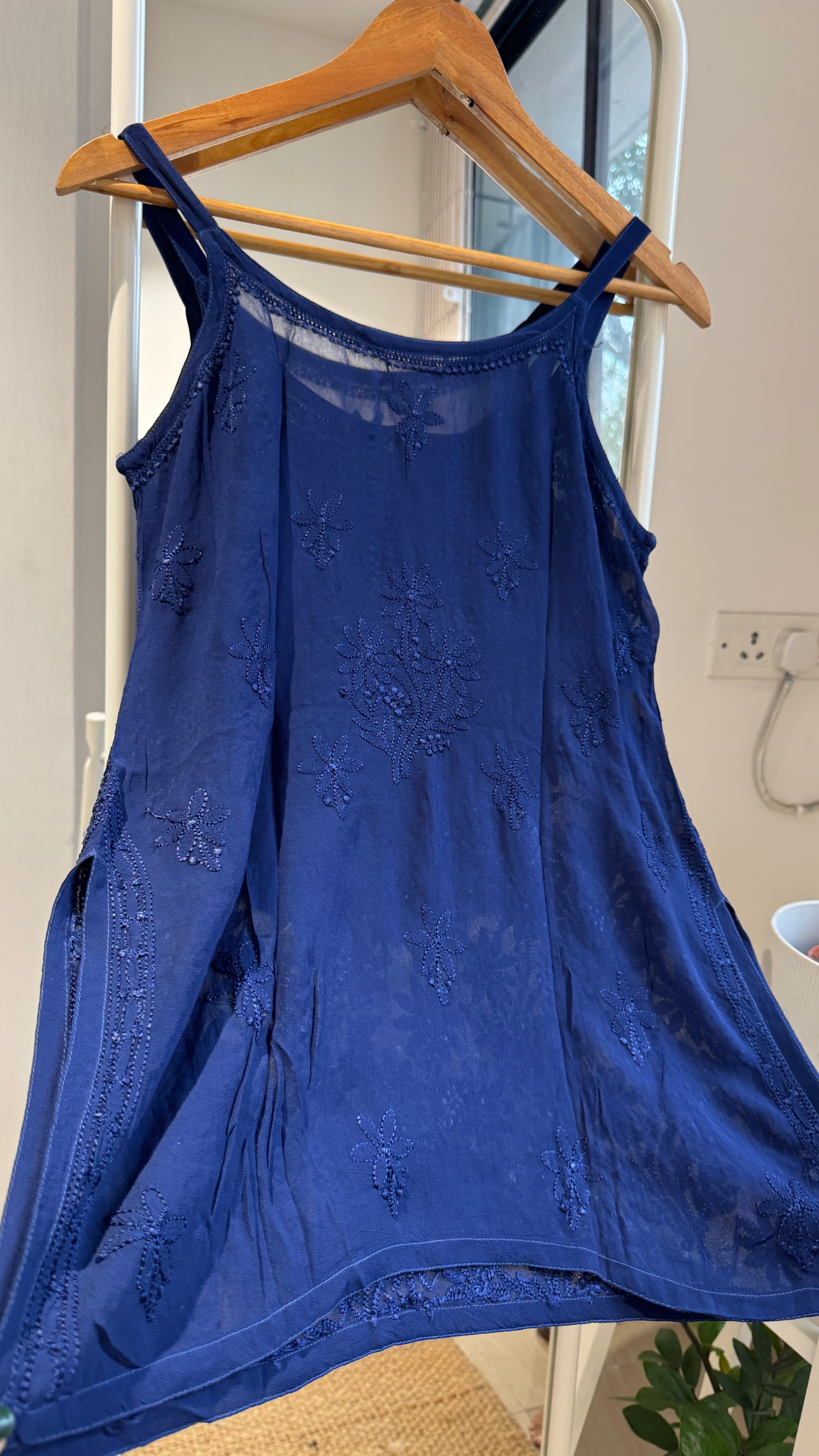 Chikankari Noodle Strap Top in Navy Blue