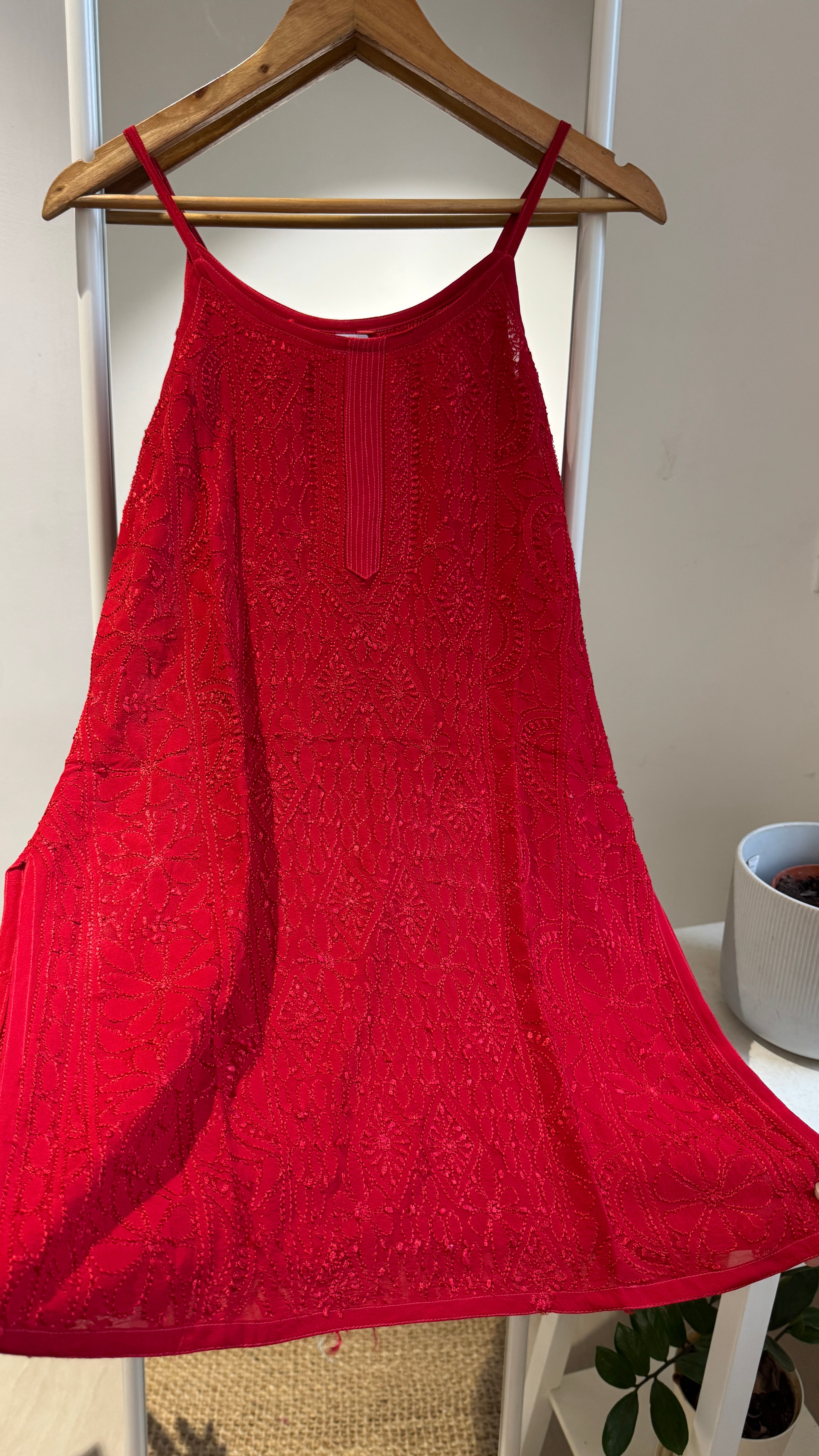 Chikankari Noodle Strap Top in Red
