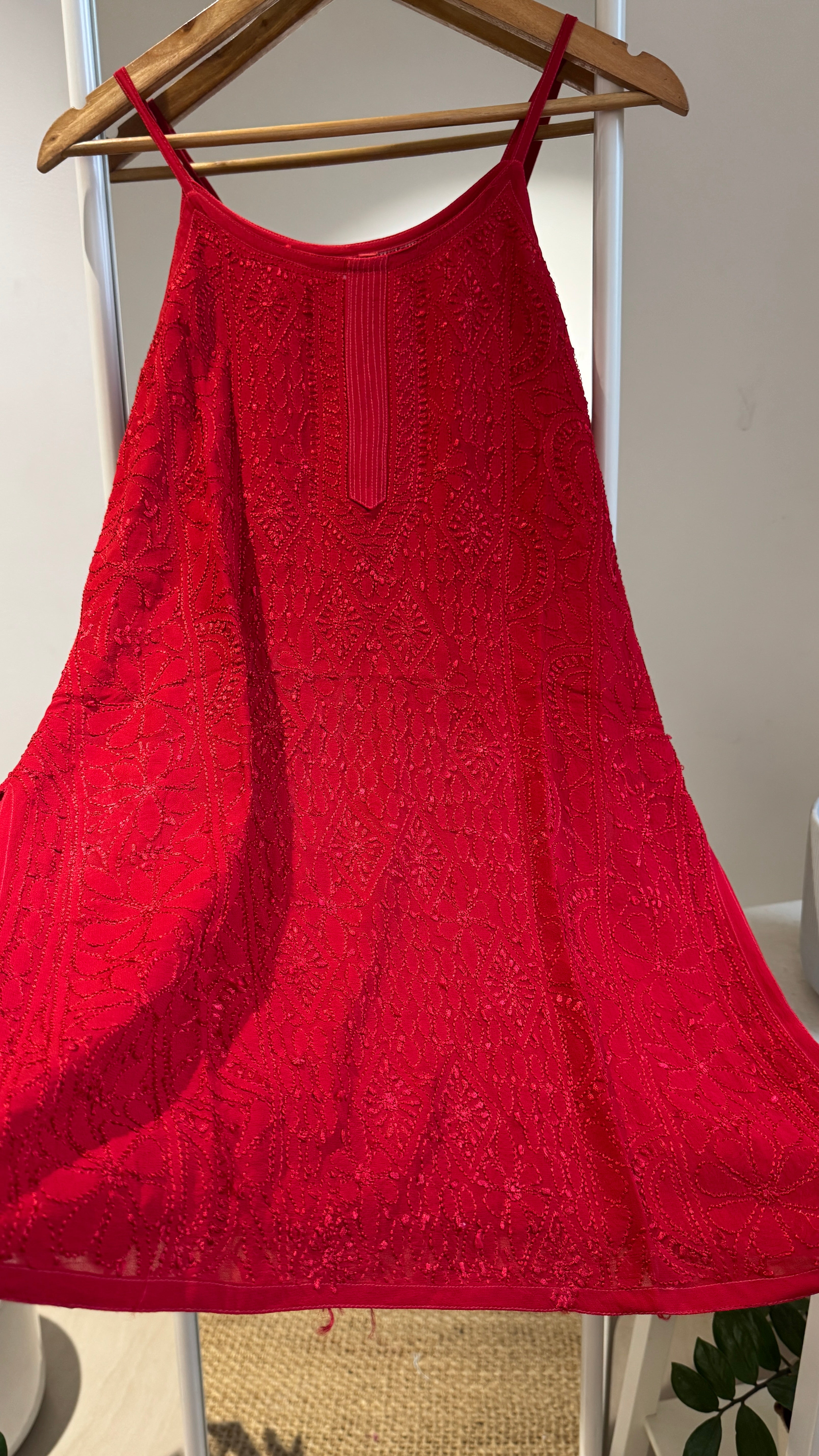 Chikankari Noodle Strap Top in Red