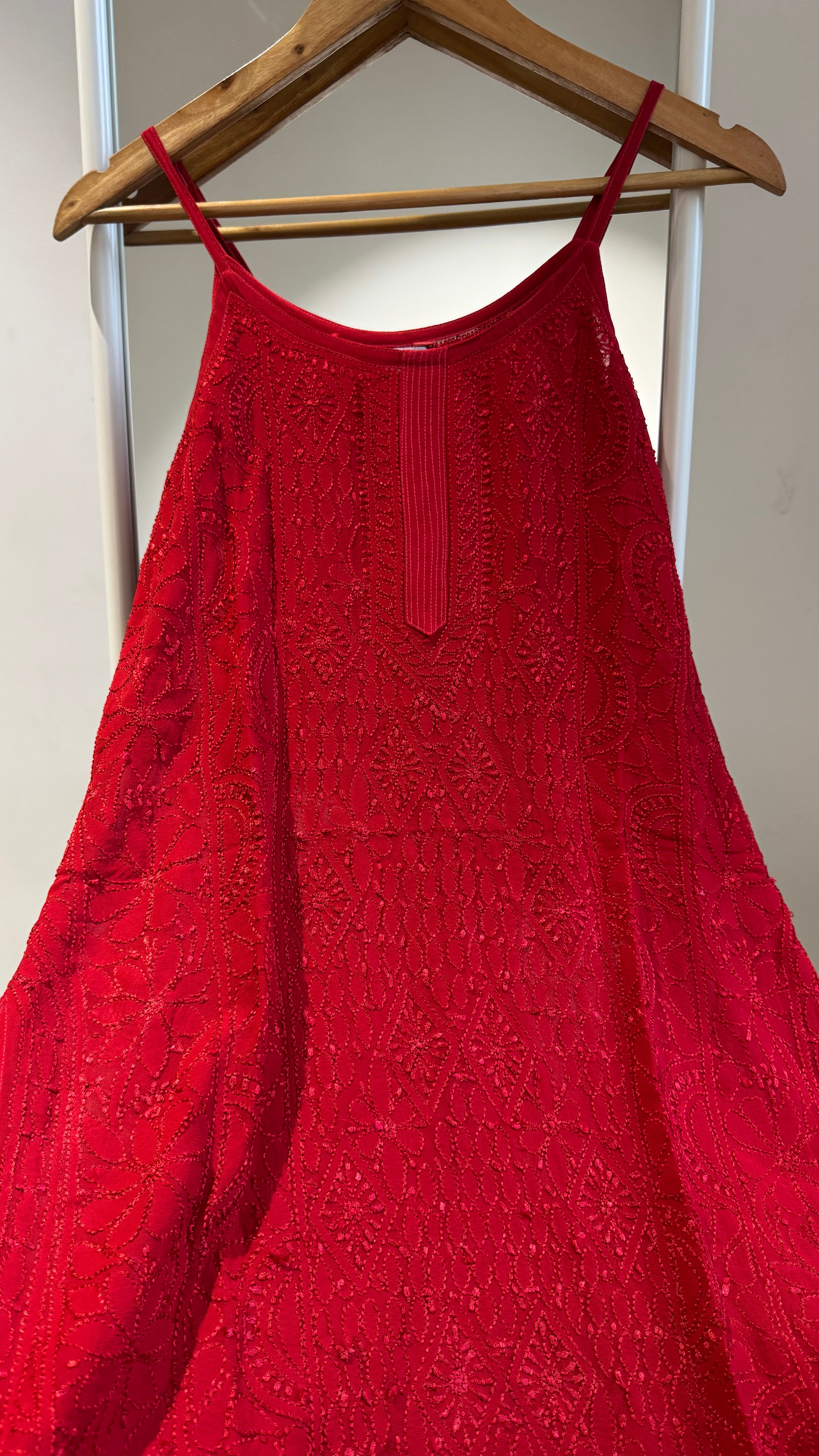 Chikankari Noodle Strap Top in Red
