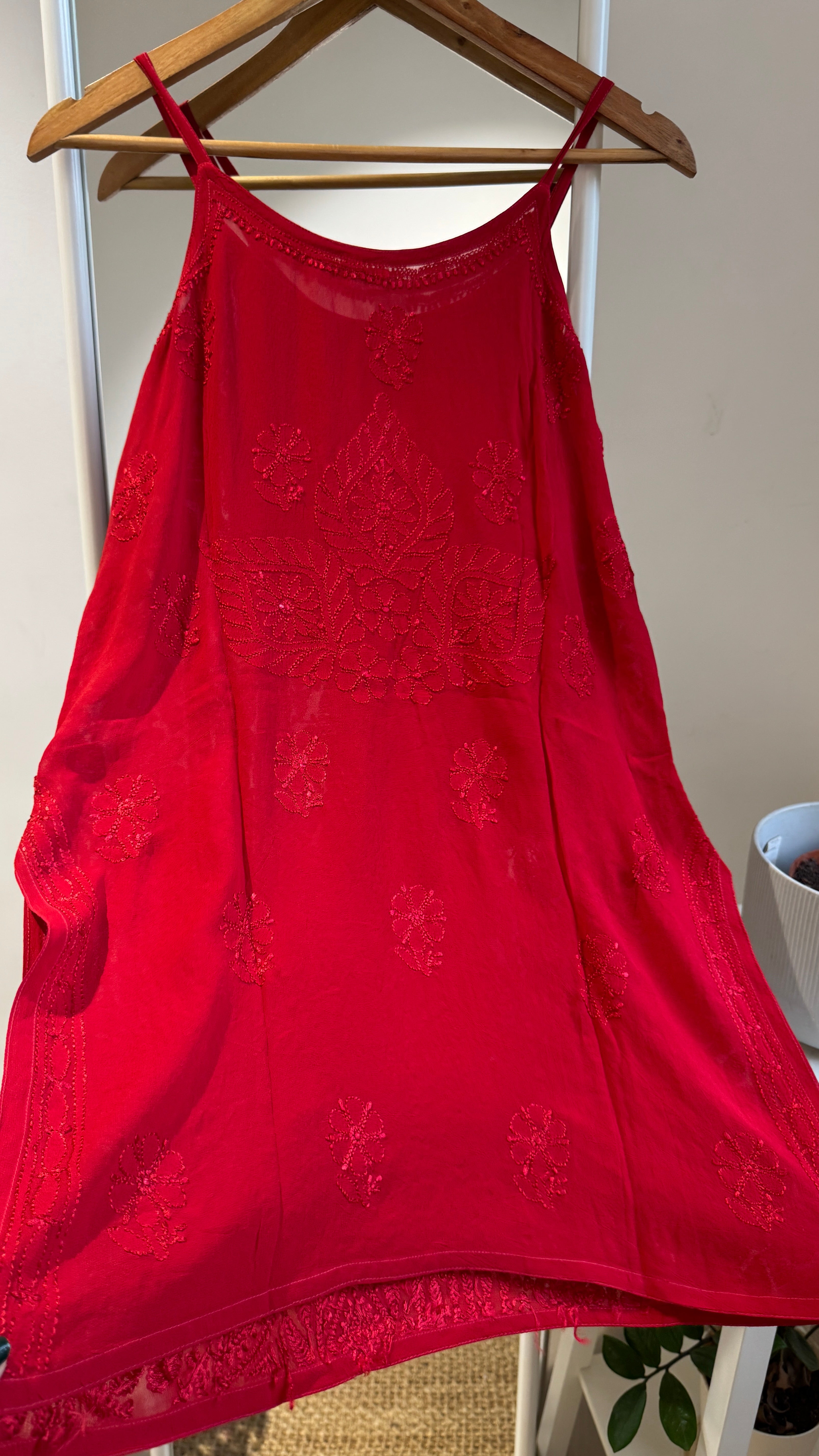 Chikankari Noodle Strap Top in Red