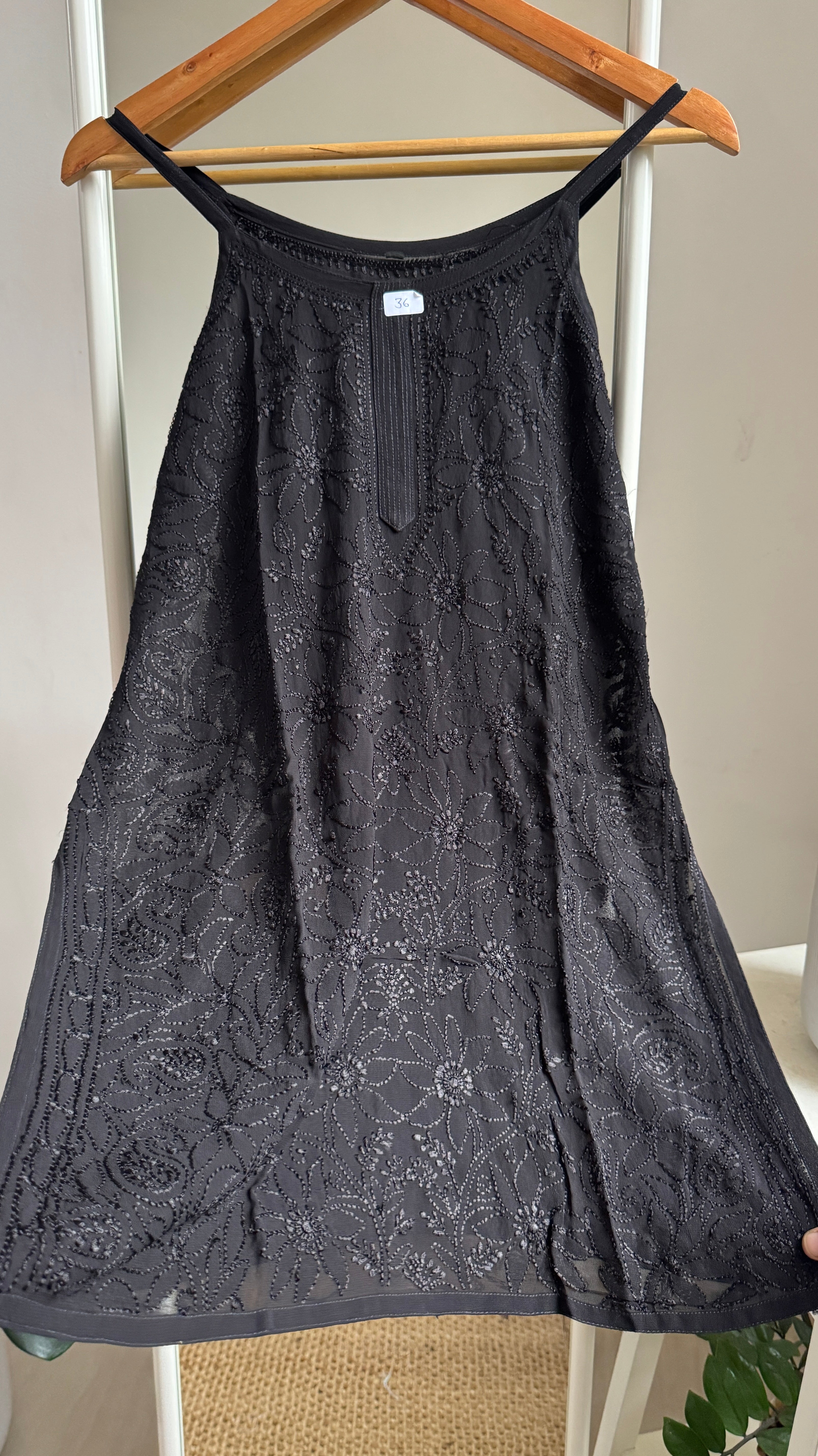 Chikankari Noodle Strap Top in Black