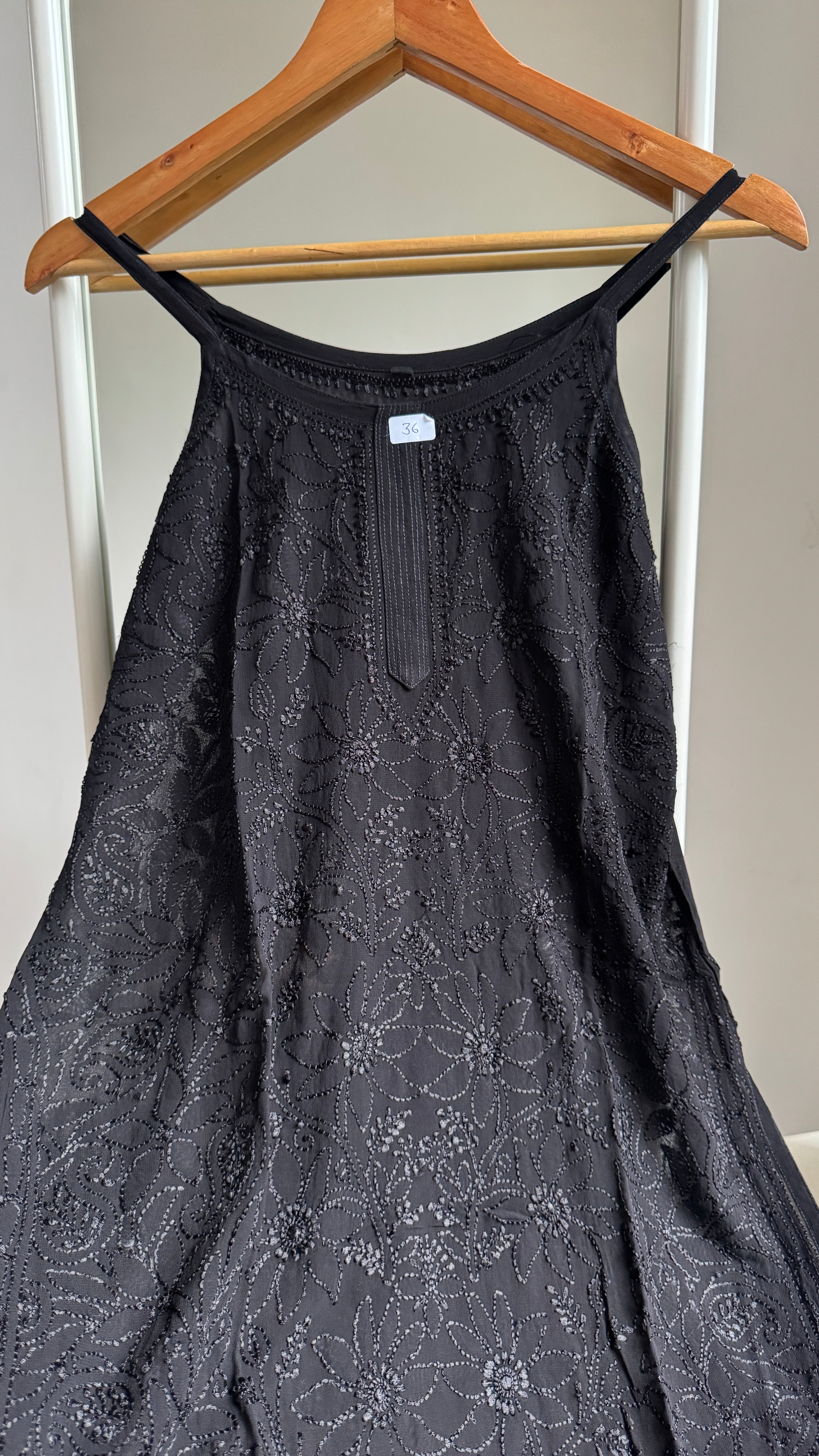Chikankari Noodle Strap Top in Black