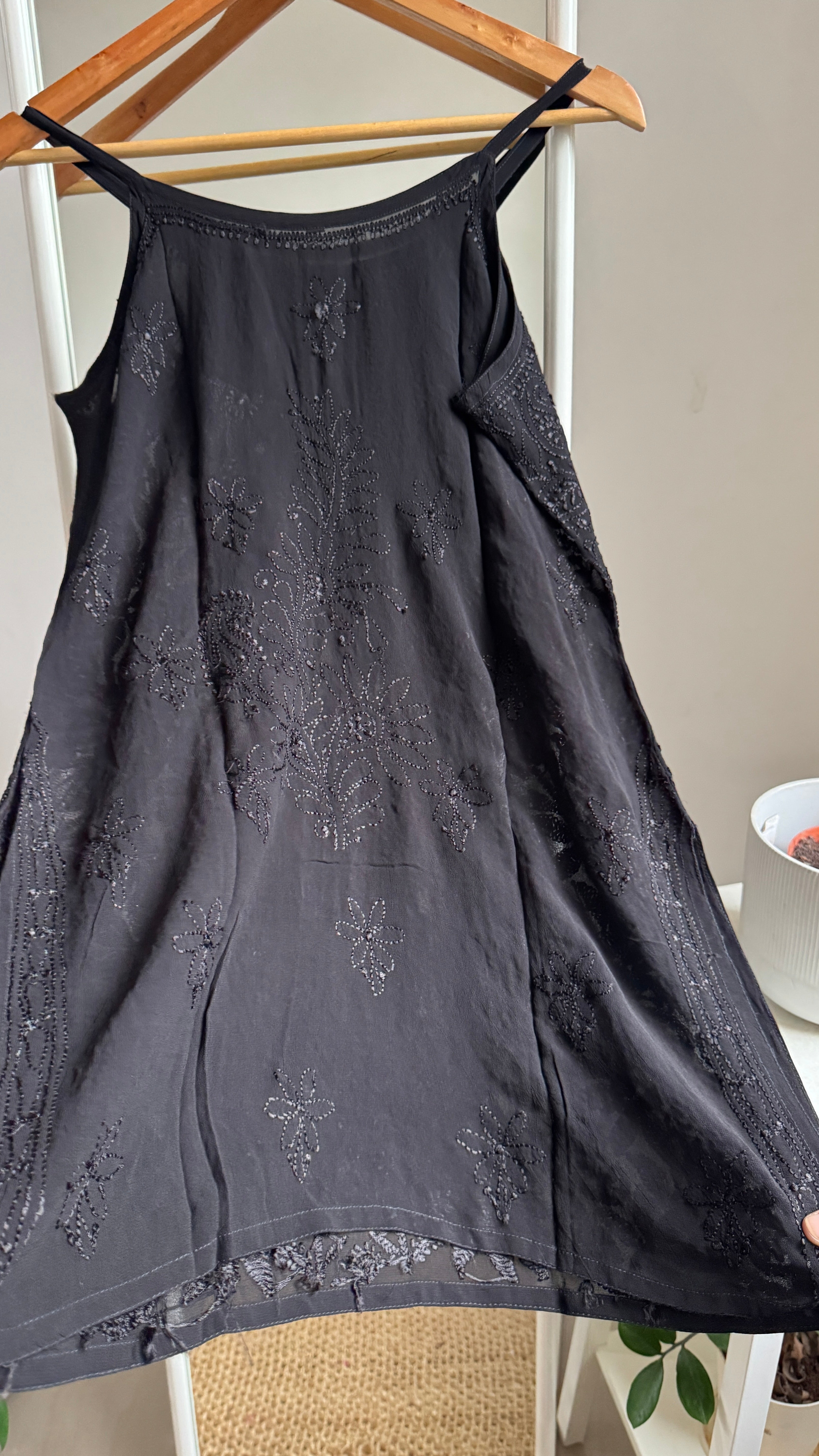 Chikankari Noodle Strap Top in Black