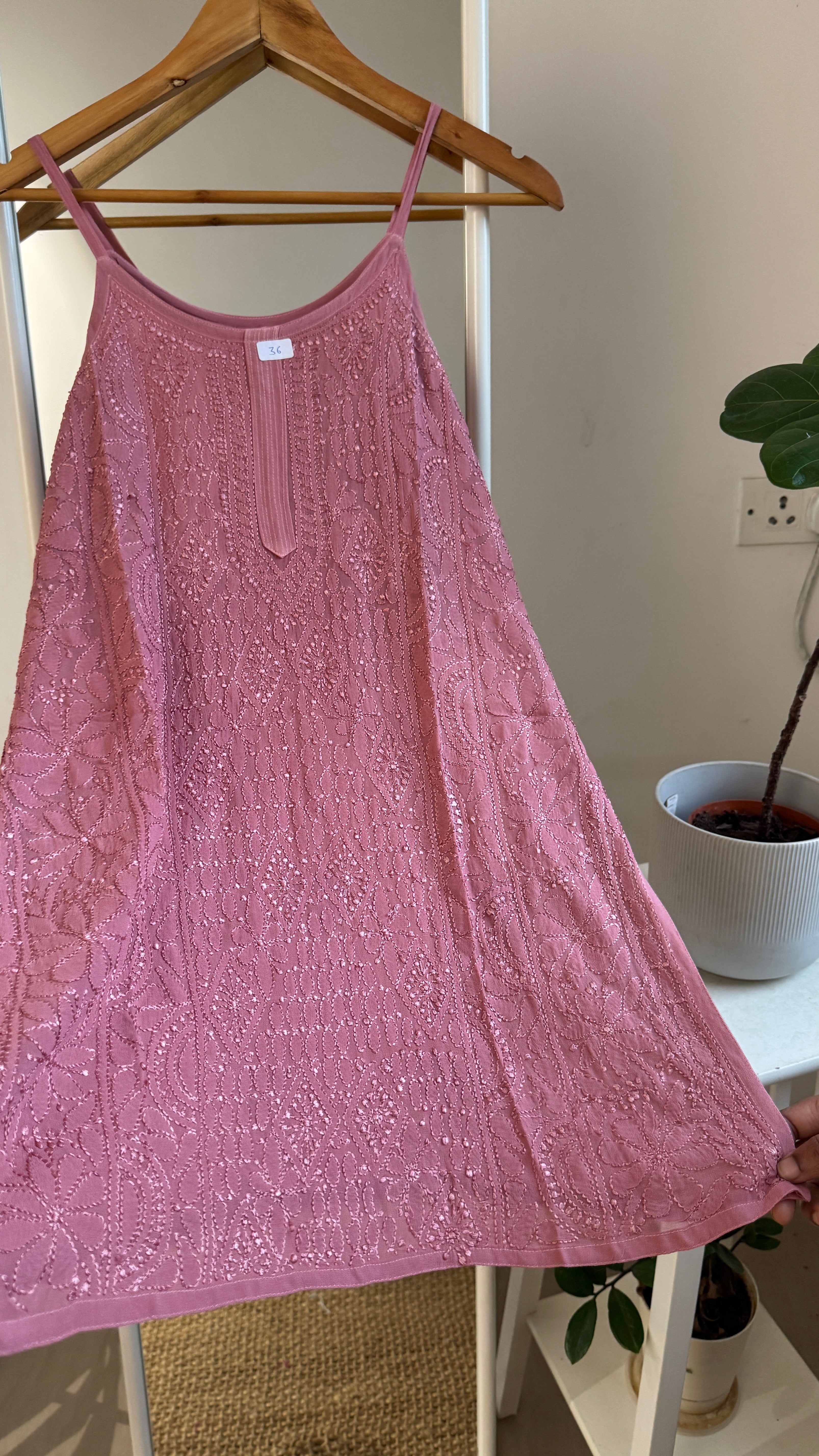 Chikankari Noodle Strap Top in Rosewood