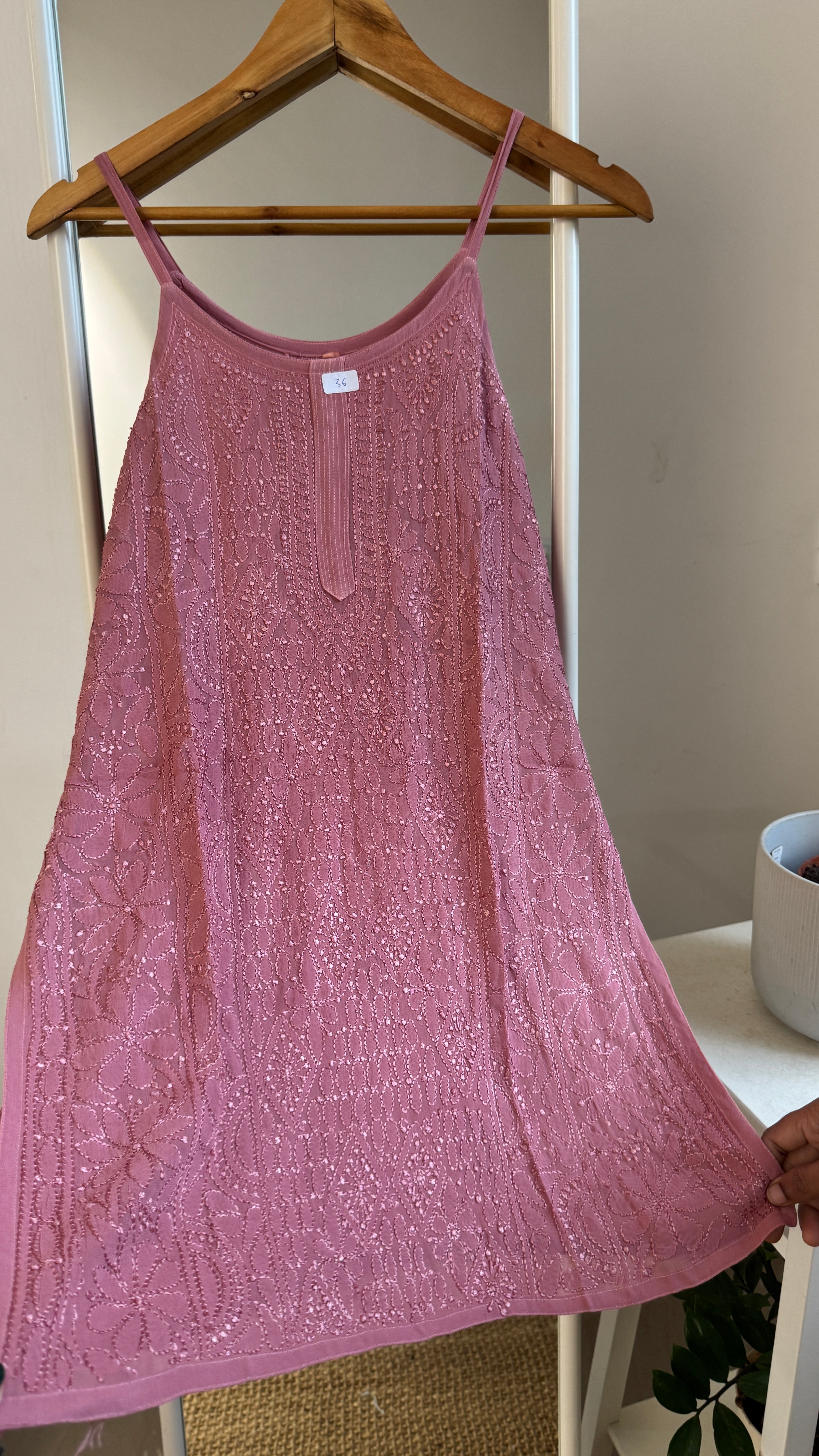 Chikankari Noodle Strap Top in Rosewood