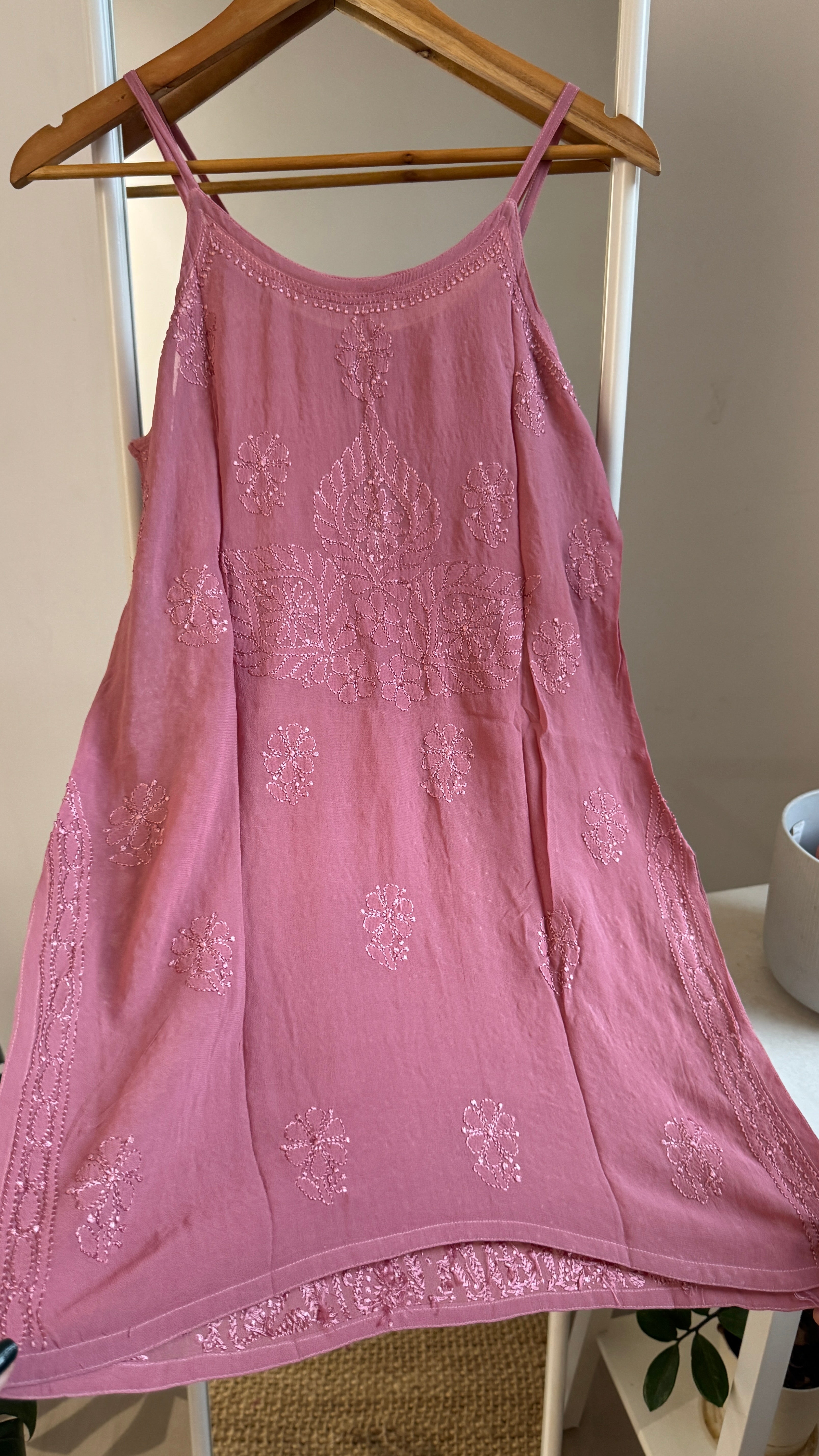 Chikankari Noodle Strap Top in Rosewood