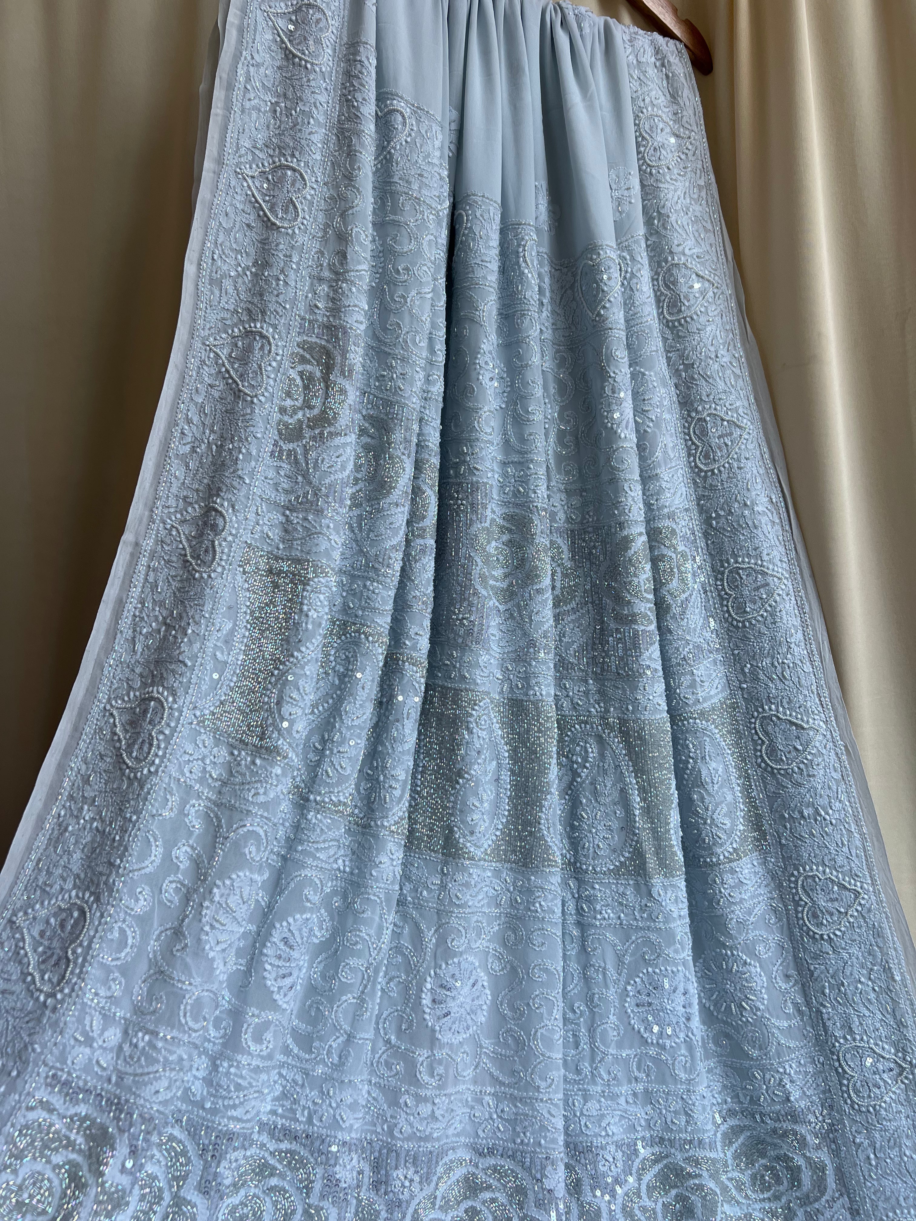 Viscose cool grey Chikankari saree with Pearl embellishments ARIAA CHIKANKARI 