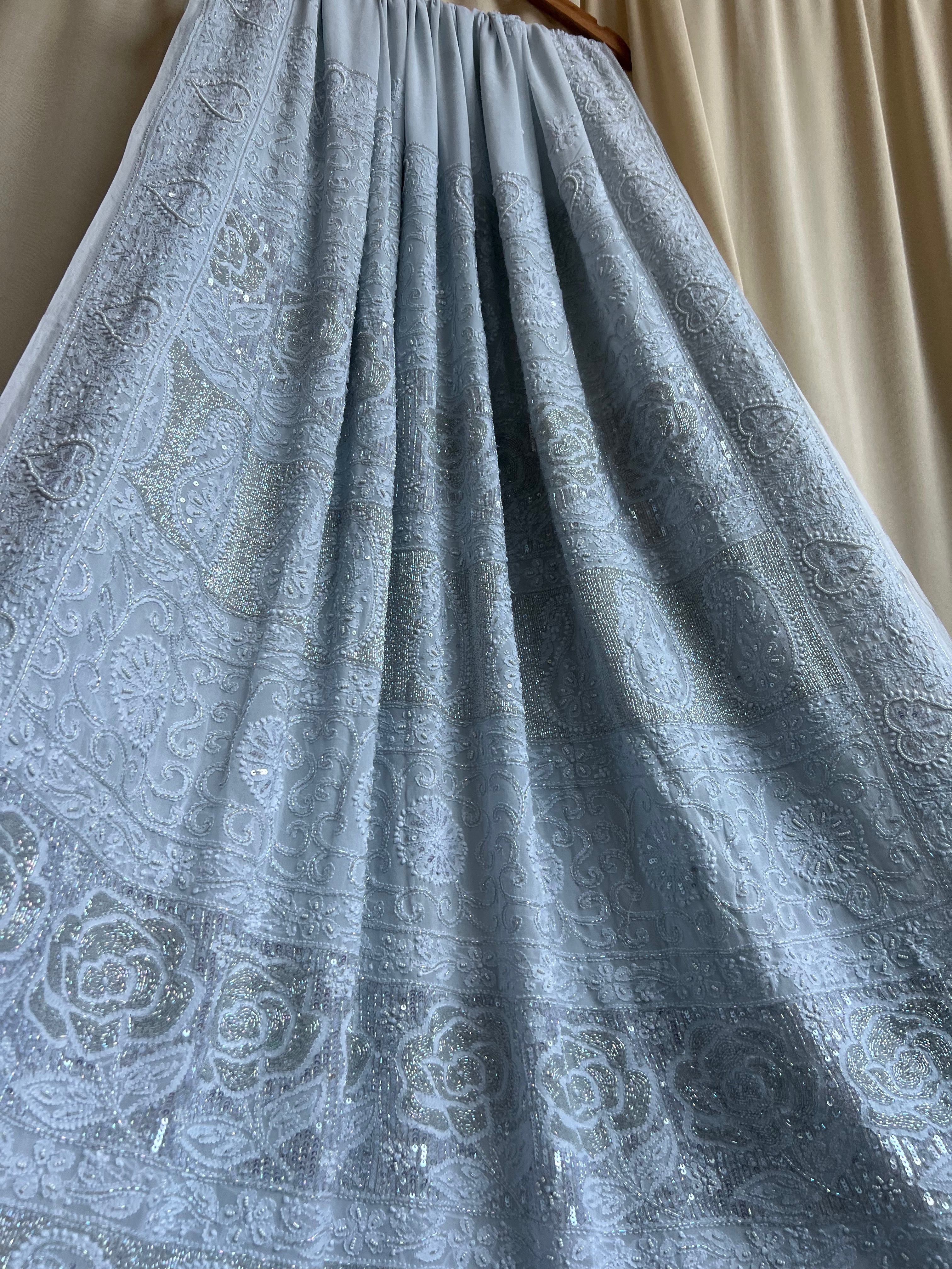 Viscose cool grey Chikankari saree with Pearl embellishments ARIAA CHIKANKARI 