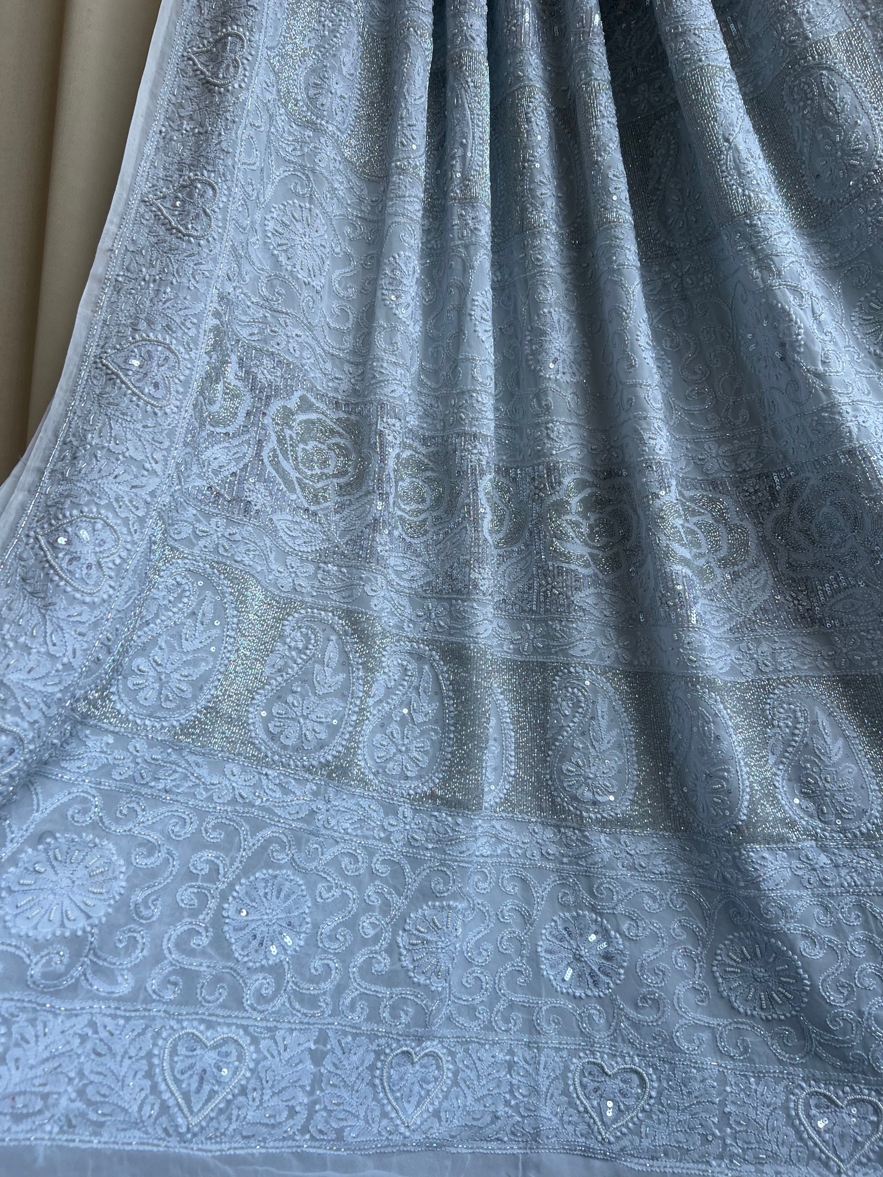 Viscose cool grey Chikankari saree with Pearl embellishments ARIAA CHIKANKARI 