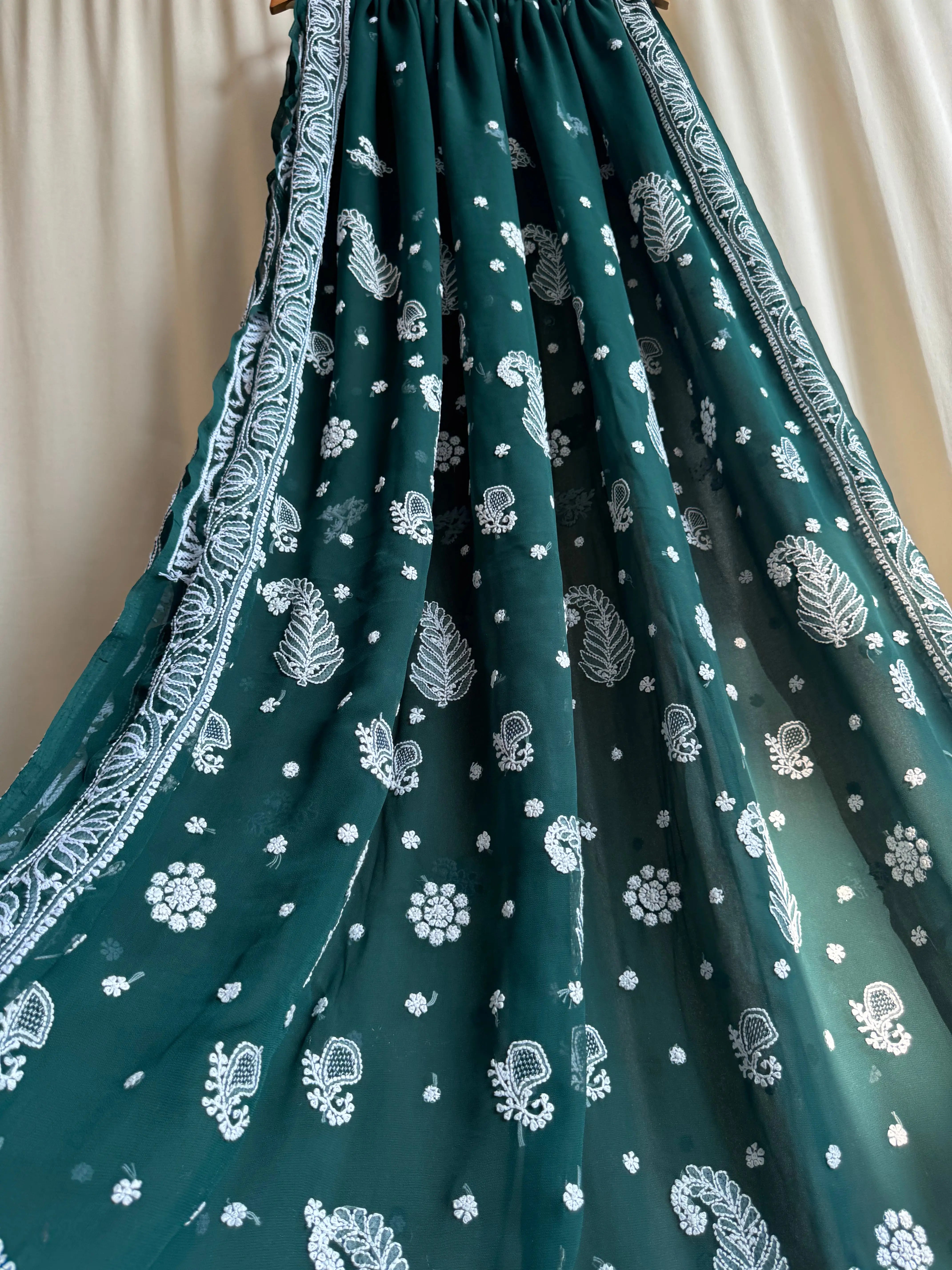 Georgette Chikankari saree in Dark Green ARIAA CHIKANKARI 