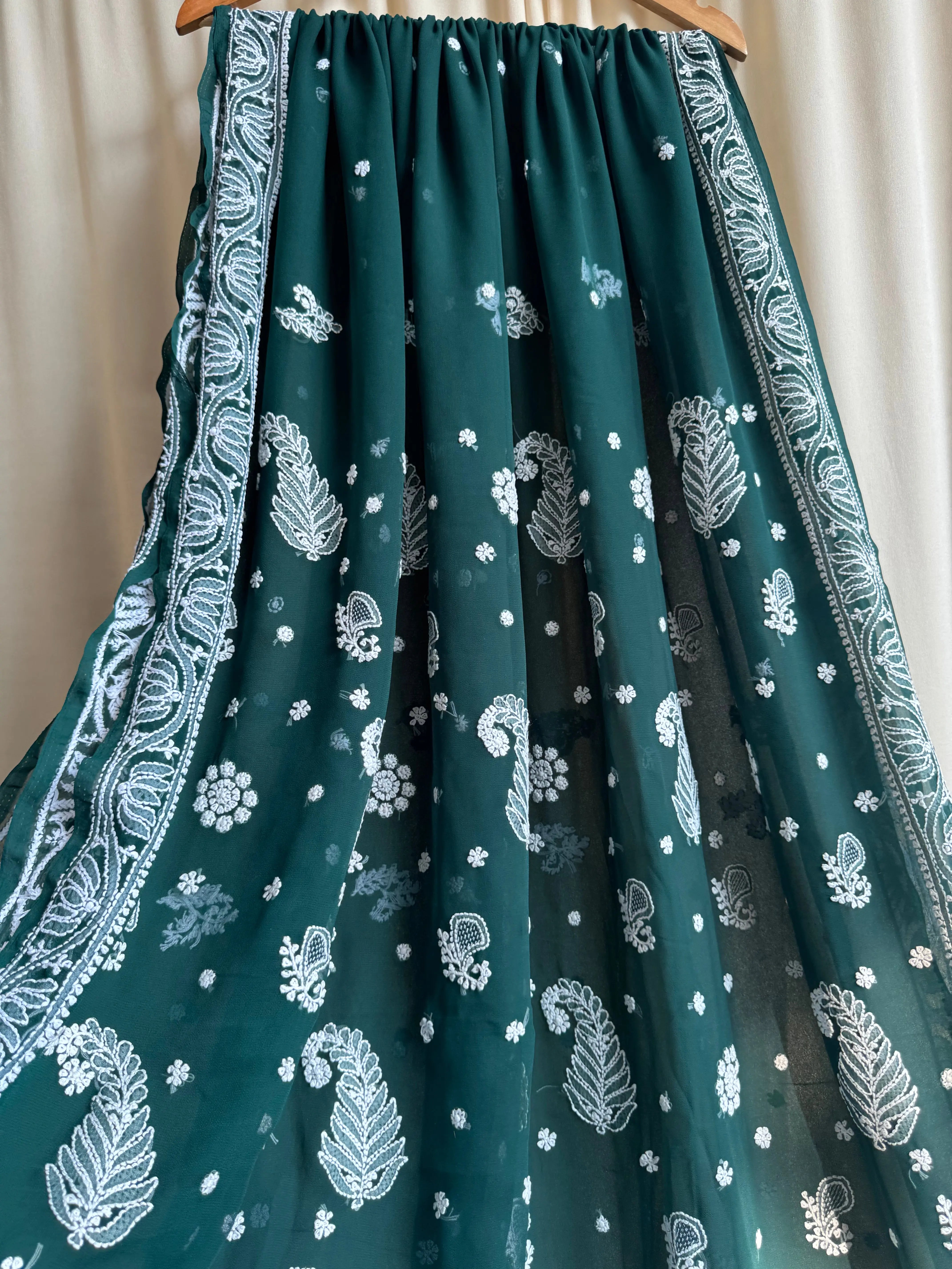 Georgette Chikankari saree in Dark Green ARIAA CHIKANKARI 