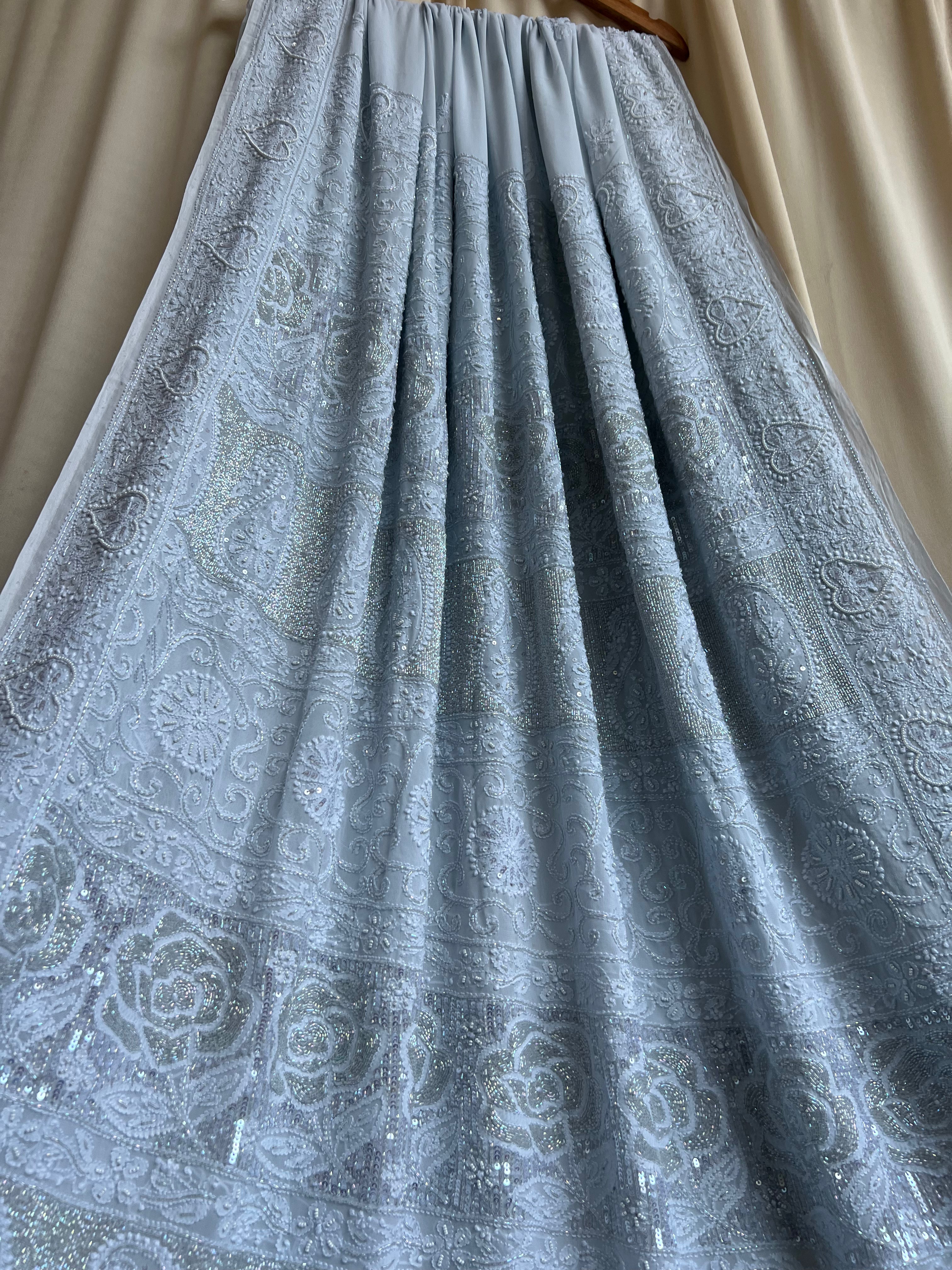 Viscose cool grey Chikankari saree with Pearl embellishments ARIAA CHIKANKARI 