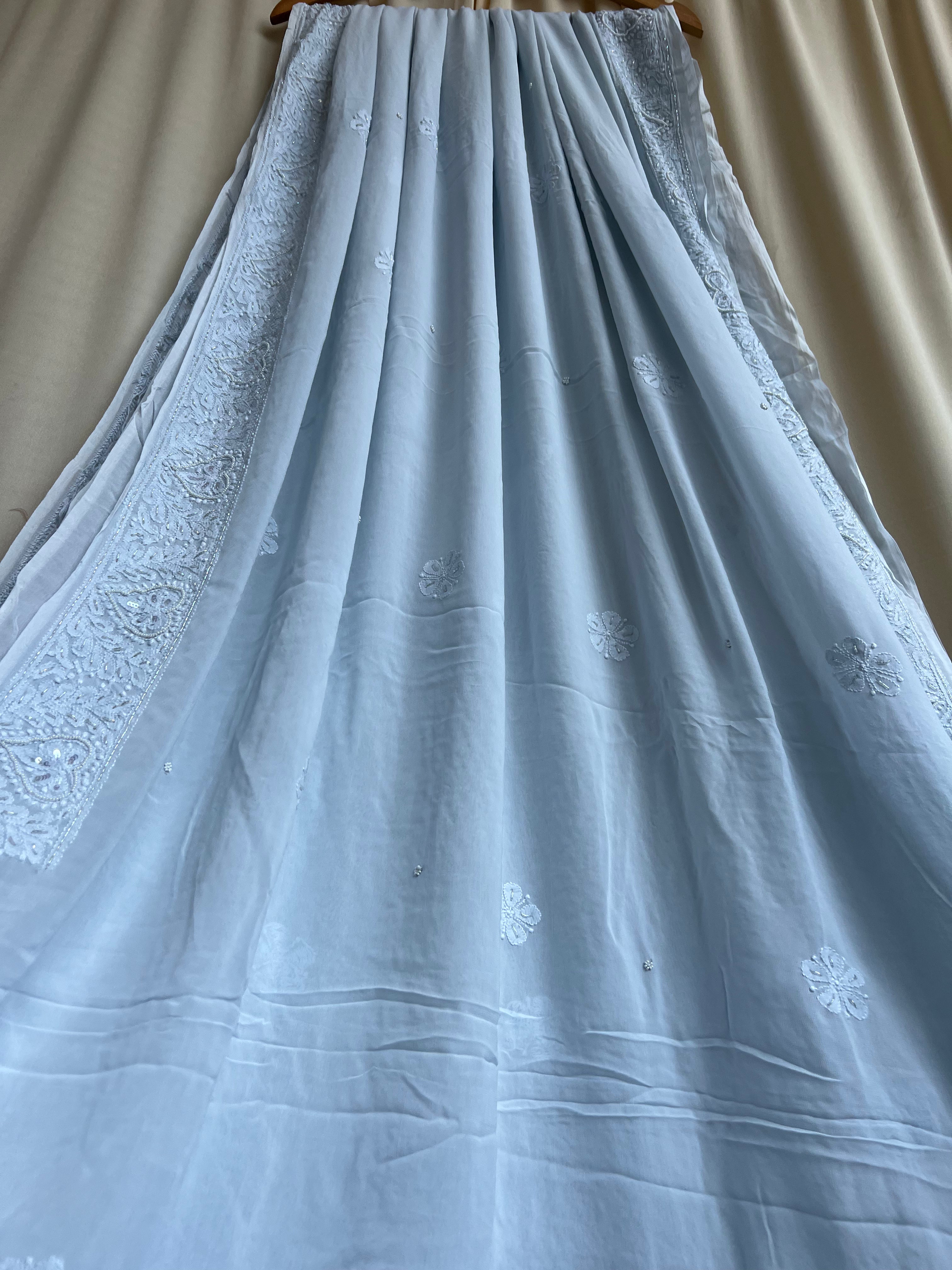 Viscose cool grey Chikankari saree with Pearl embellishments ARIAA CHIKANKARI 