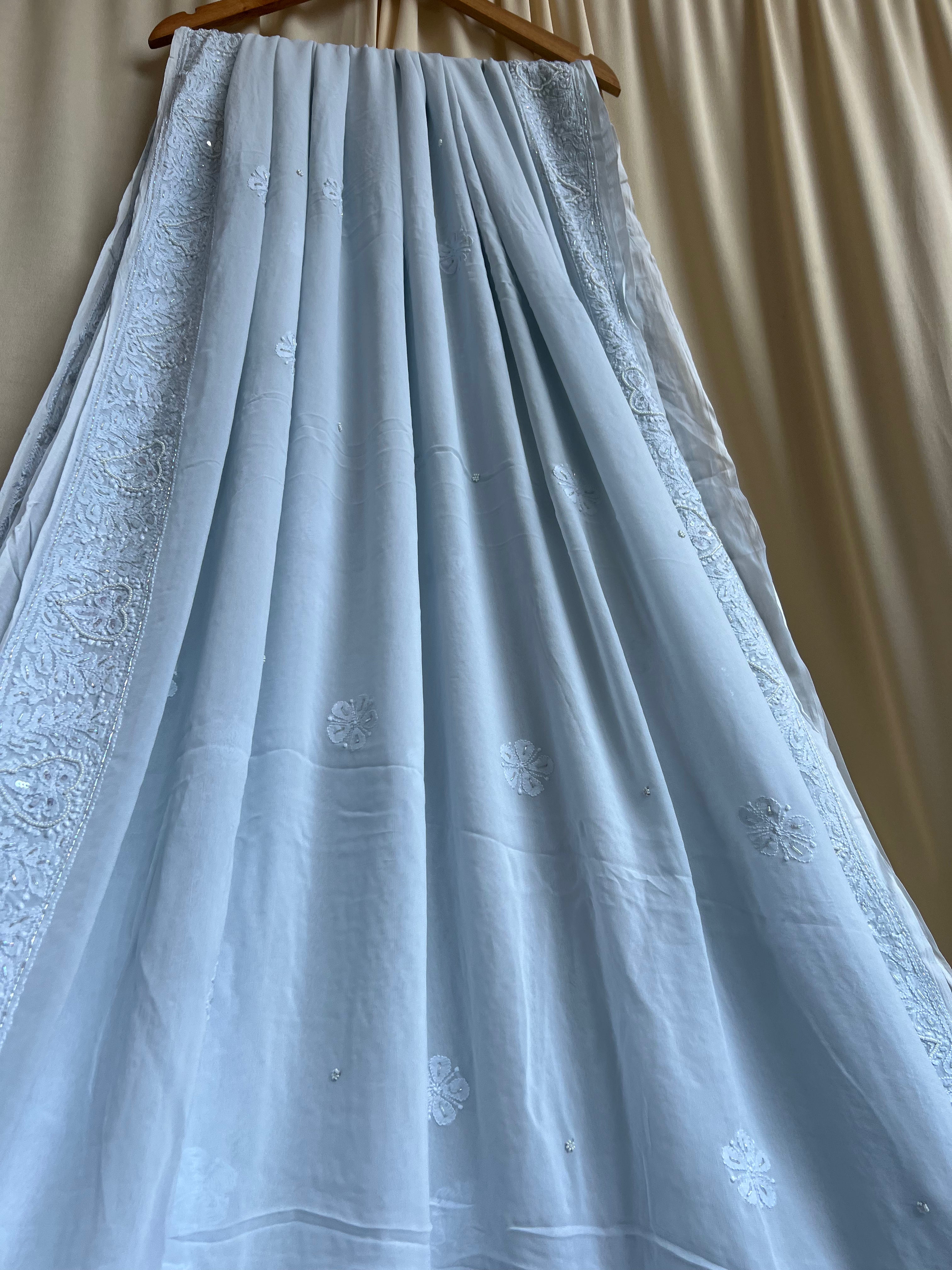 Viscose cool grey Chikankari saree with Pearl embellishments ARIAA CHIKANKARI 