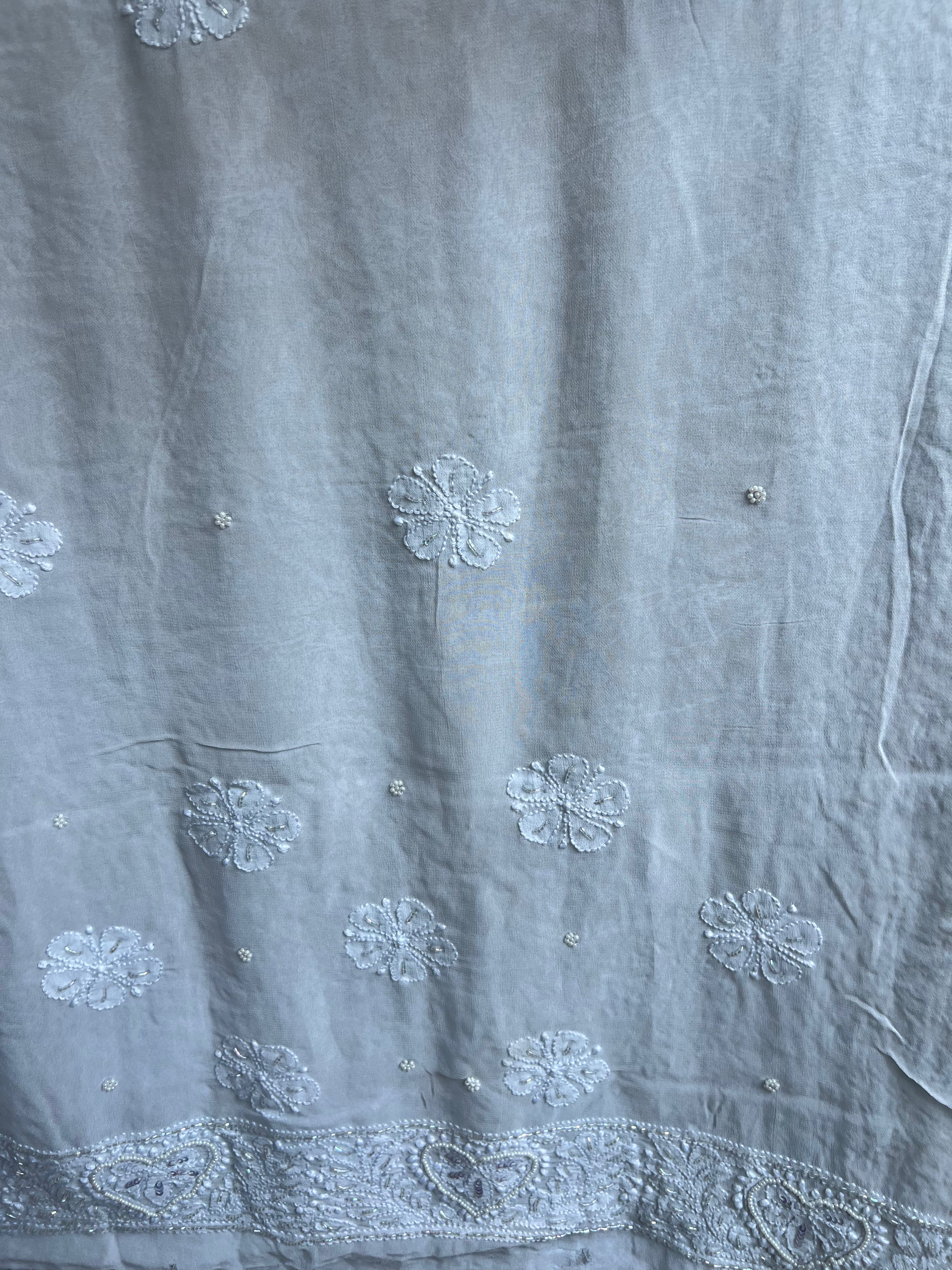 Viscose cool grey Chikankari saree with Pearl embellishments ARIAA CHIKANKARI 