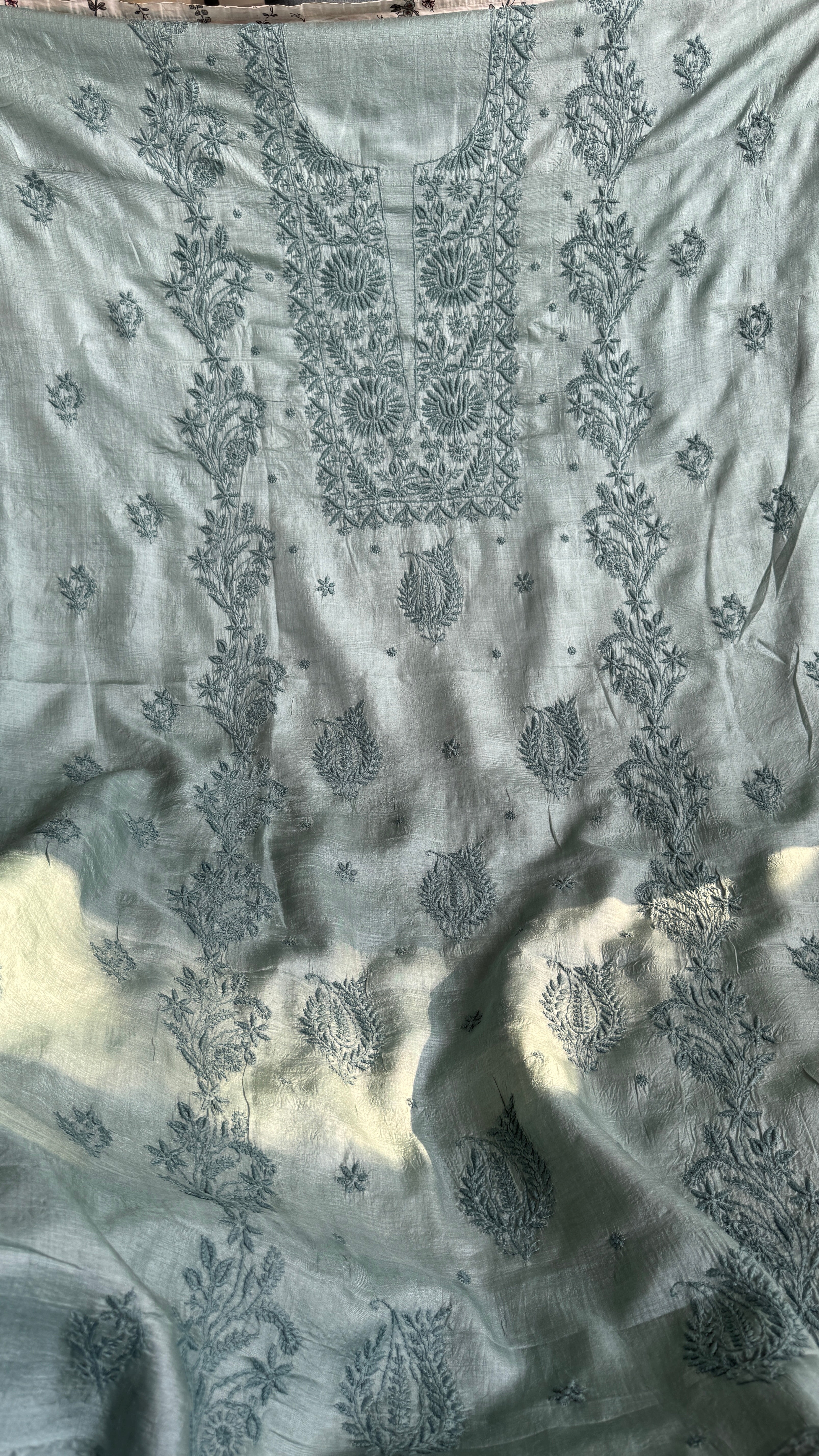 Pure Tussar Silk Chikankari Length with Dupatta - Teal Green