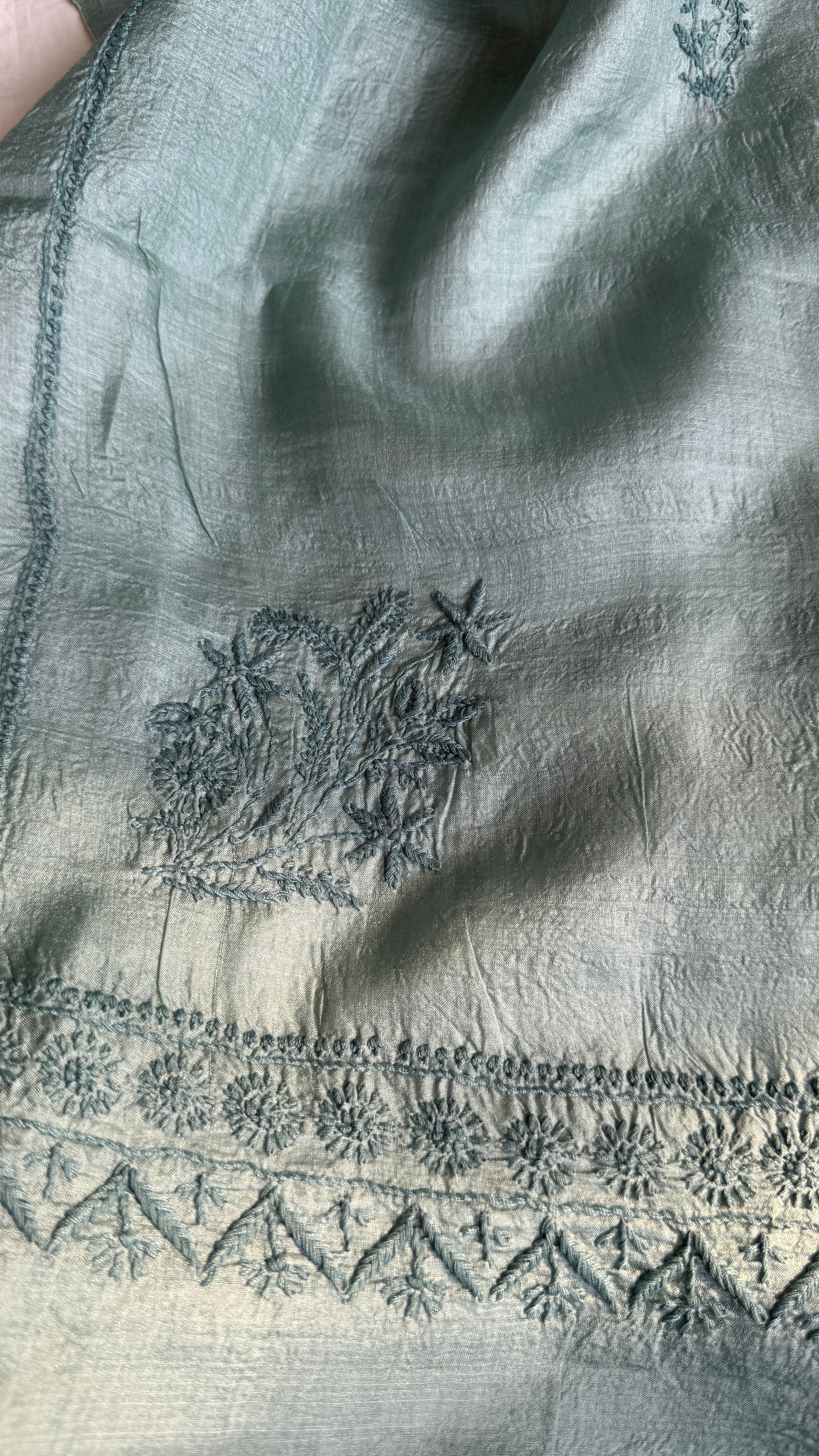 Pure Tussar Silk Chikankari Length with Dupatta - Teal Green