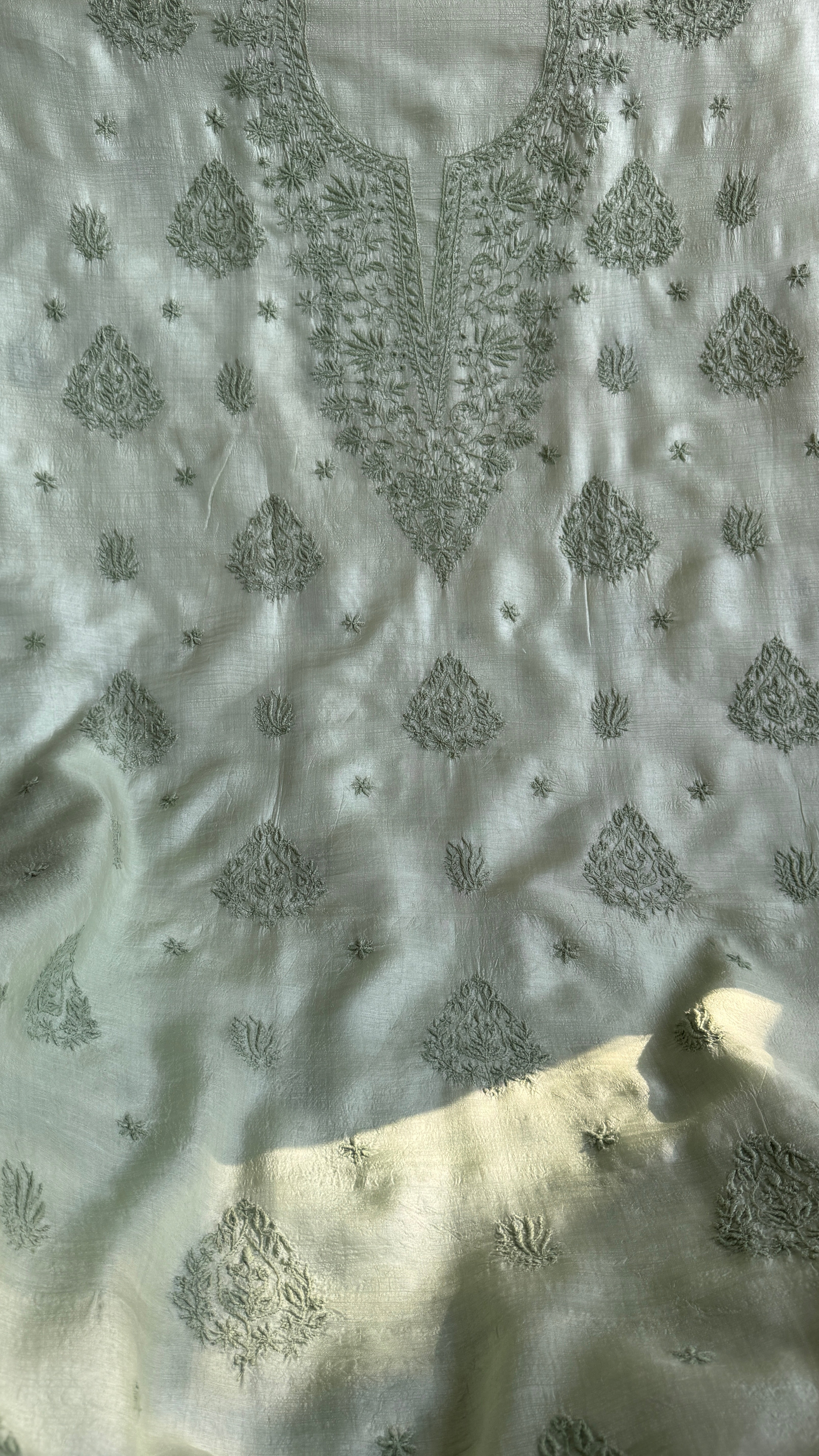 Pure Tussar Silk Chikankari Length with Dupatta - Sage Green