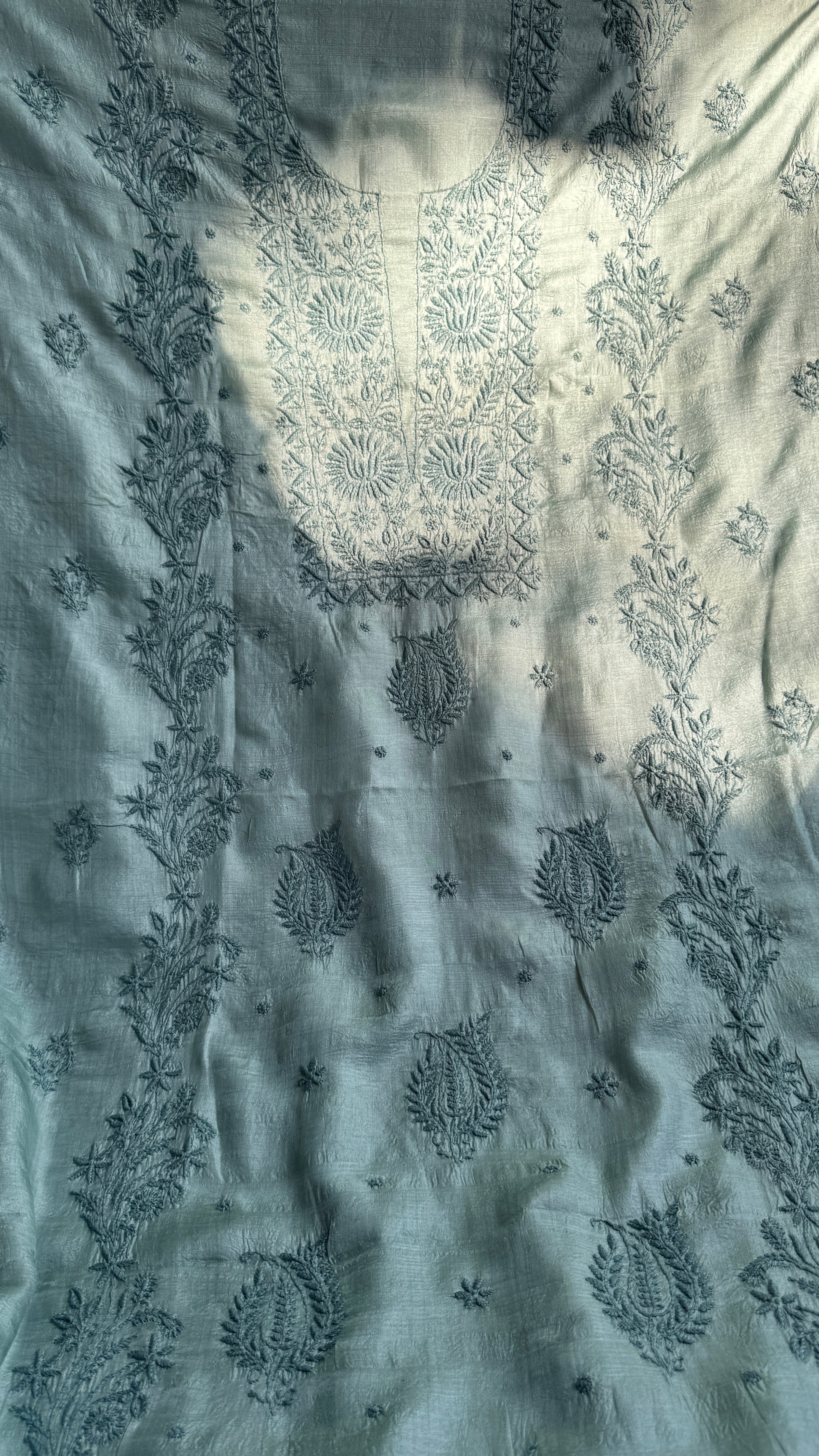Pure Tussar Silk Chikankari Length with Dupatta - Teal Green