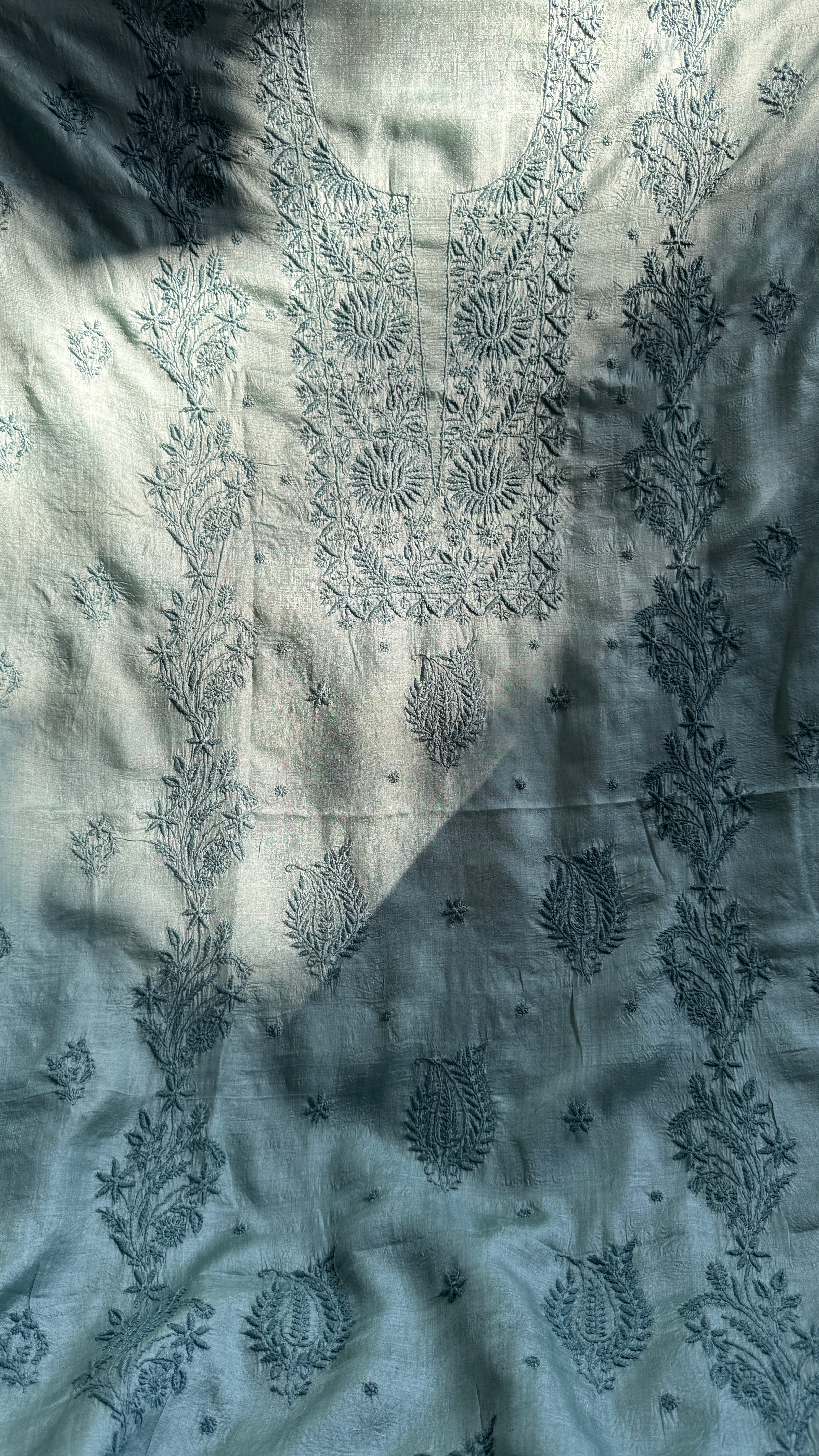Pure Tussar Silk Chikankari Length with Dupatta - Teal Green