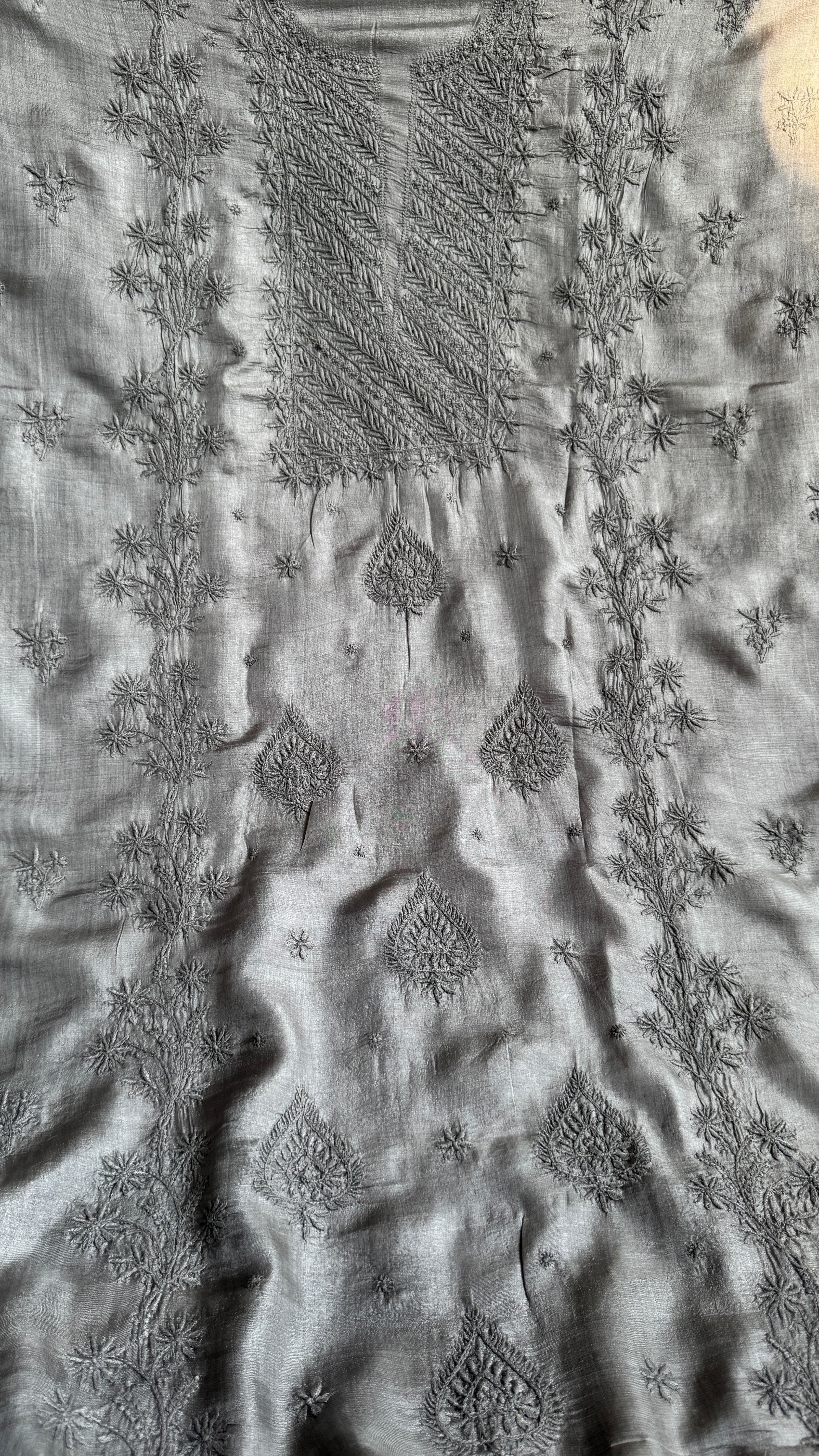 Pure Tussar Silk Chikankari Length with Dupatta - Grey