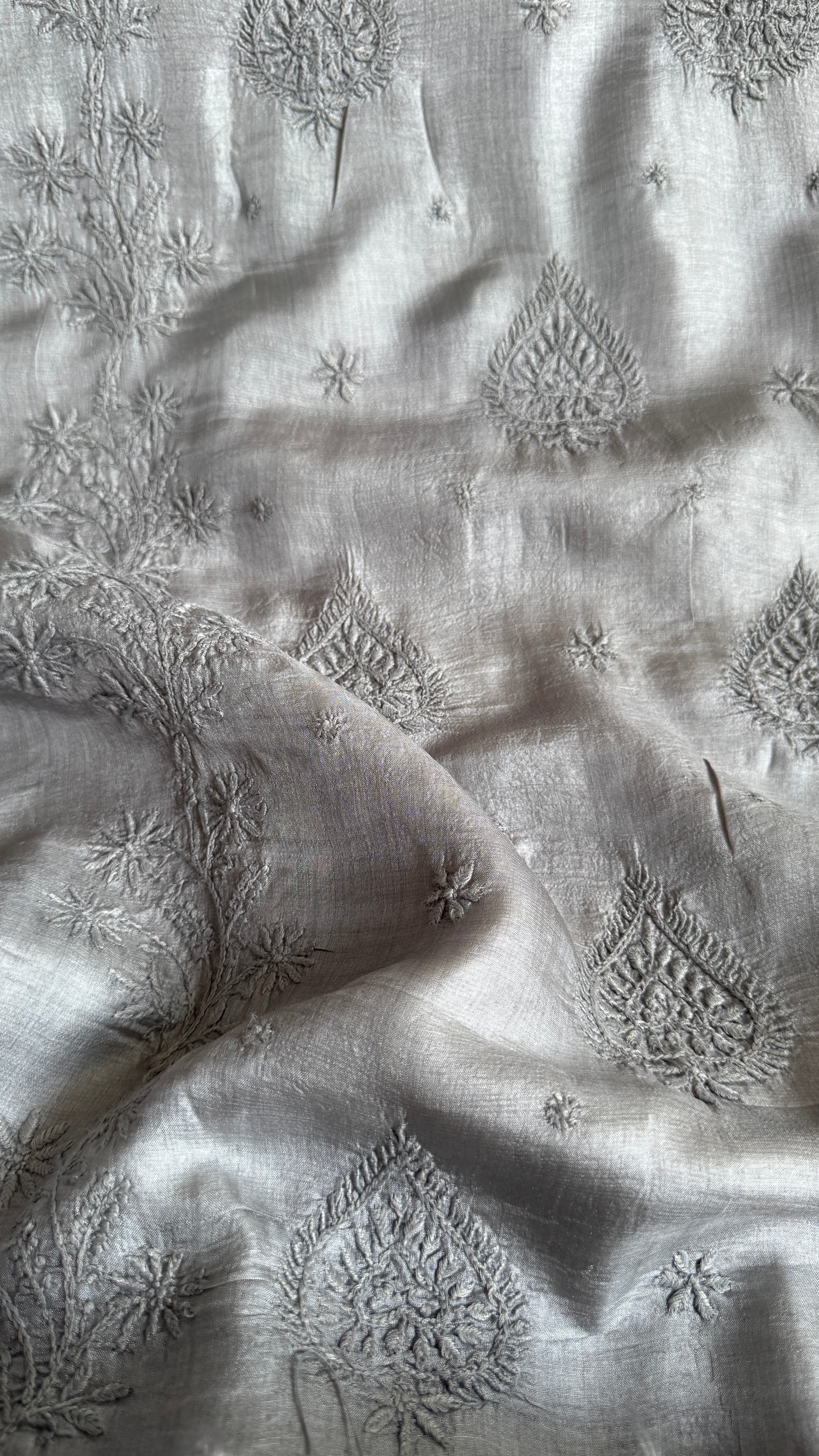 Pure Tussar Silk Chikankari Length with Dupatta - Grey