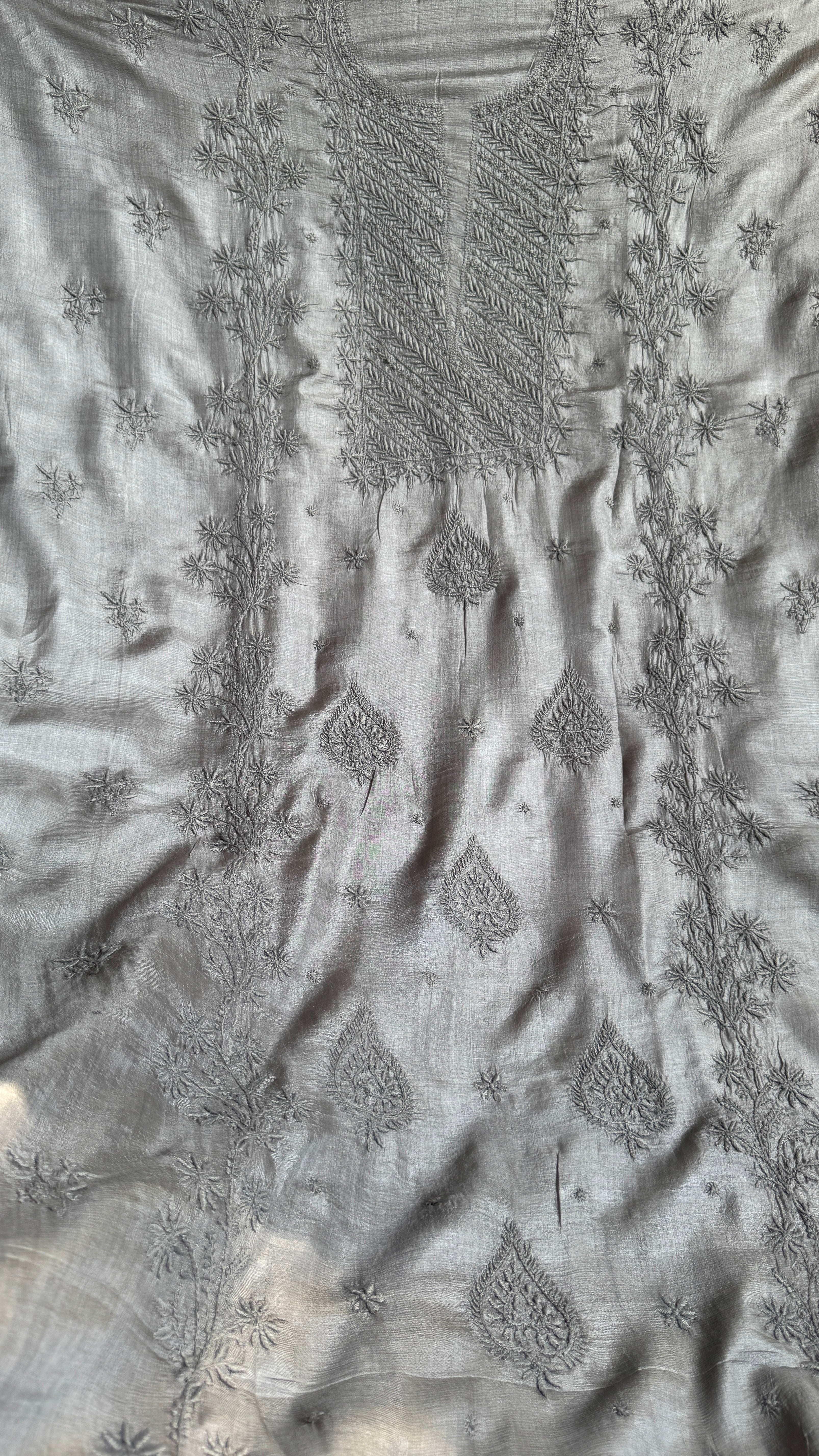 Pure Tussar Silk Chikankari Length with Dupatta - Grey
