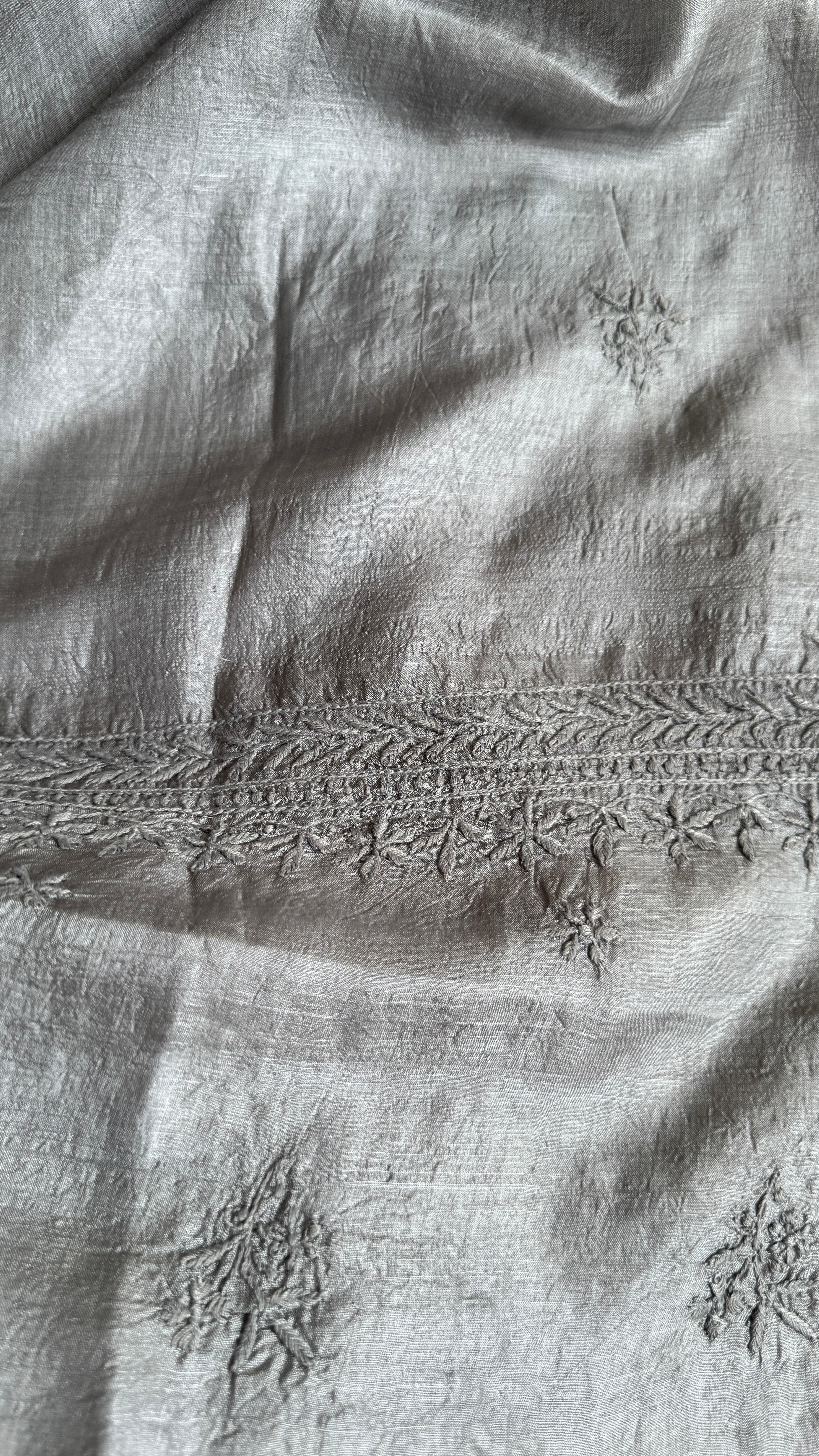 Pure Tussar Silk Chikankari Length with Dupatta - Grey