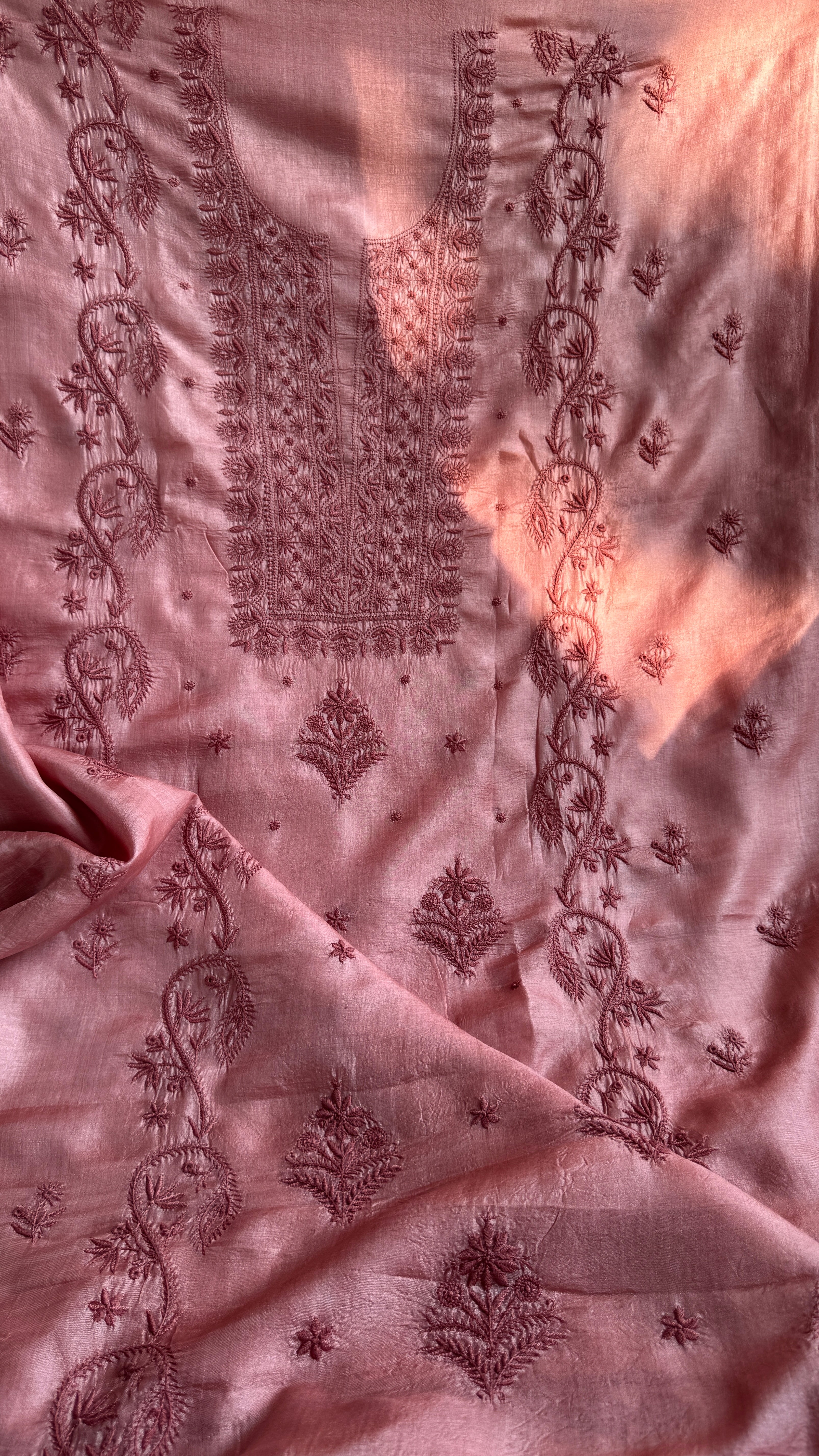 Pure Tussar Silk Chikankari Length with Dupatta - Rosewood