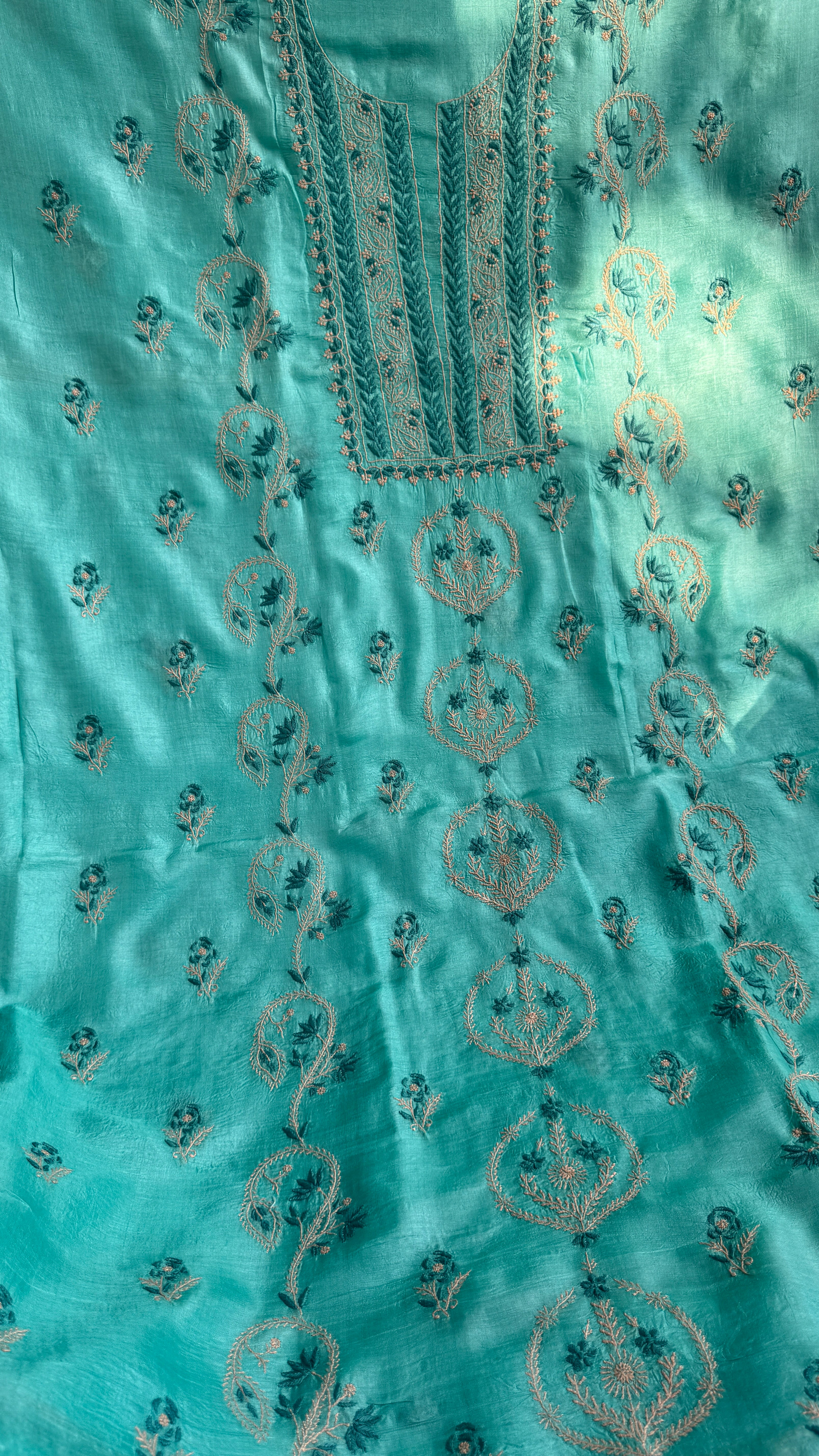 Pure Tussar Silk Chikankari Length with Dupatta -  Blue Multi Thread