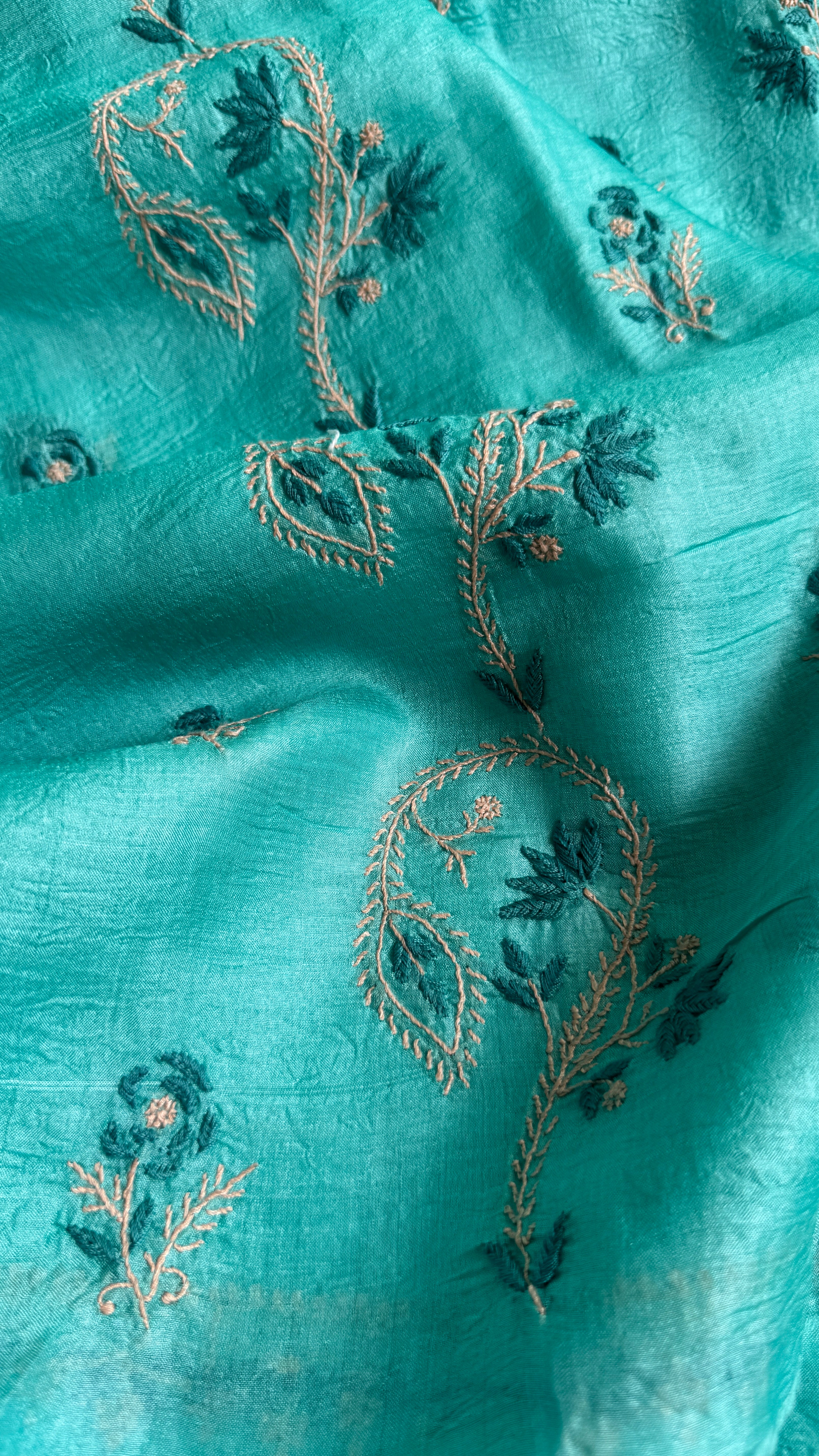 Pure Tussar Silk Chikankari Length with Dupatta -  Blue Multi Thread
