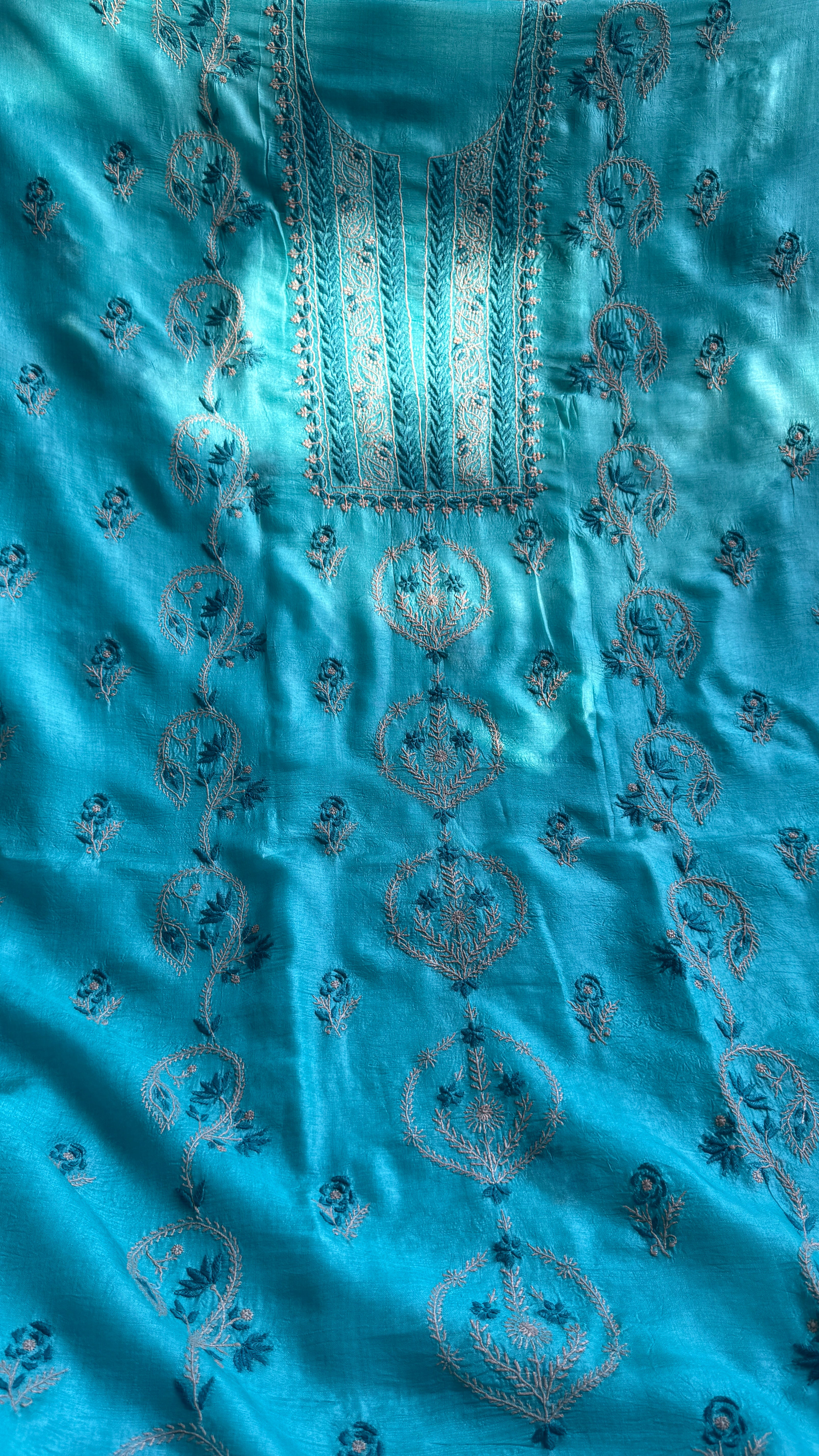 Pure Tussar Silk Chikankari Length with Dupatta -  Blue Multi Thread